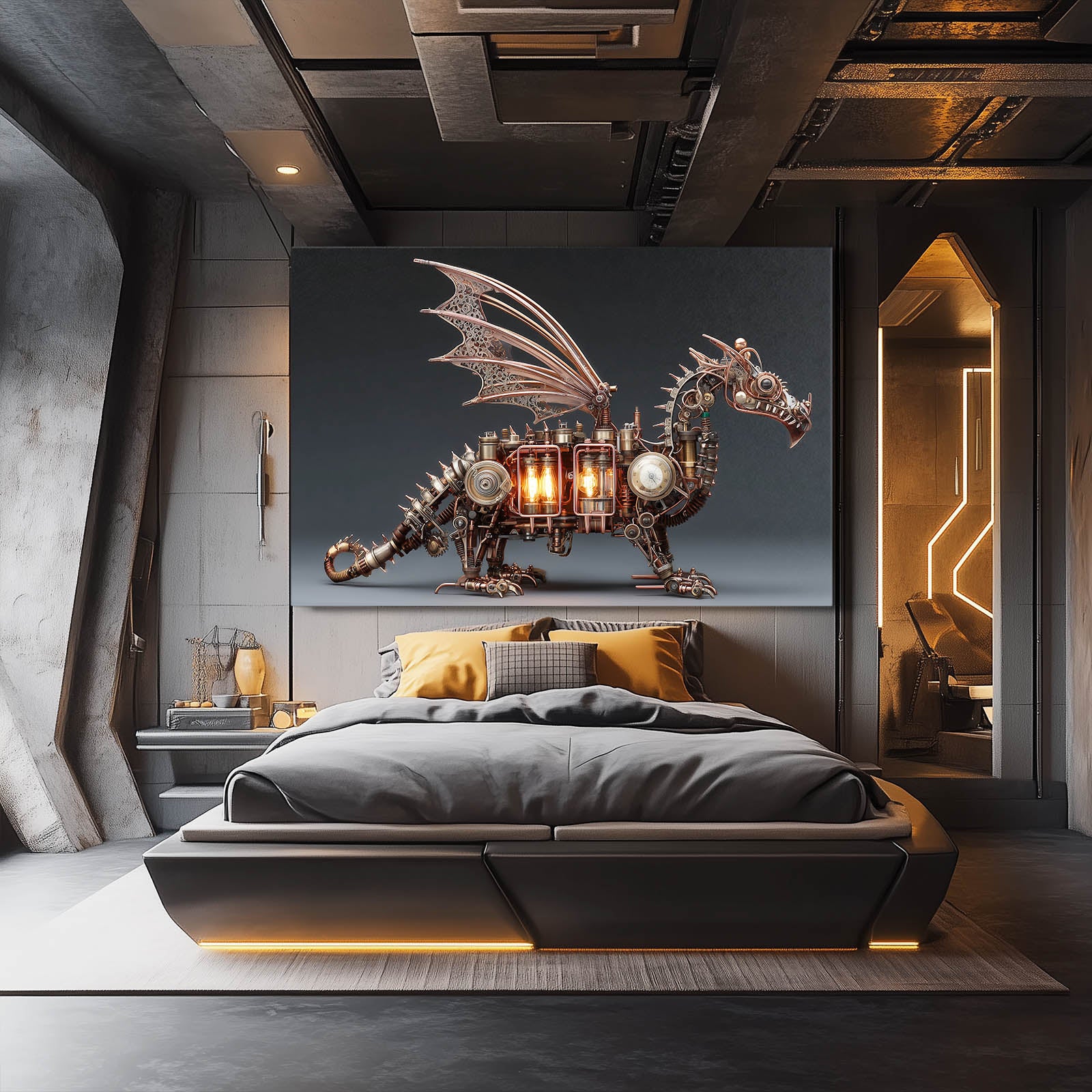 Glowing Mechanical Dragon Steampunk Prints – styled in a furnished interior