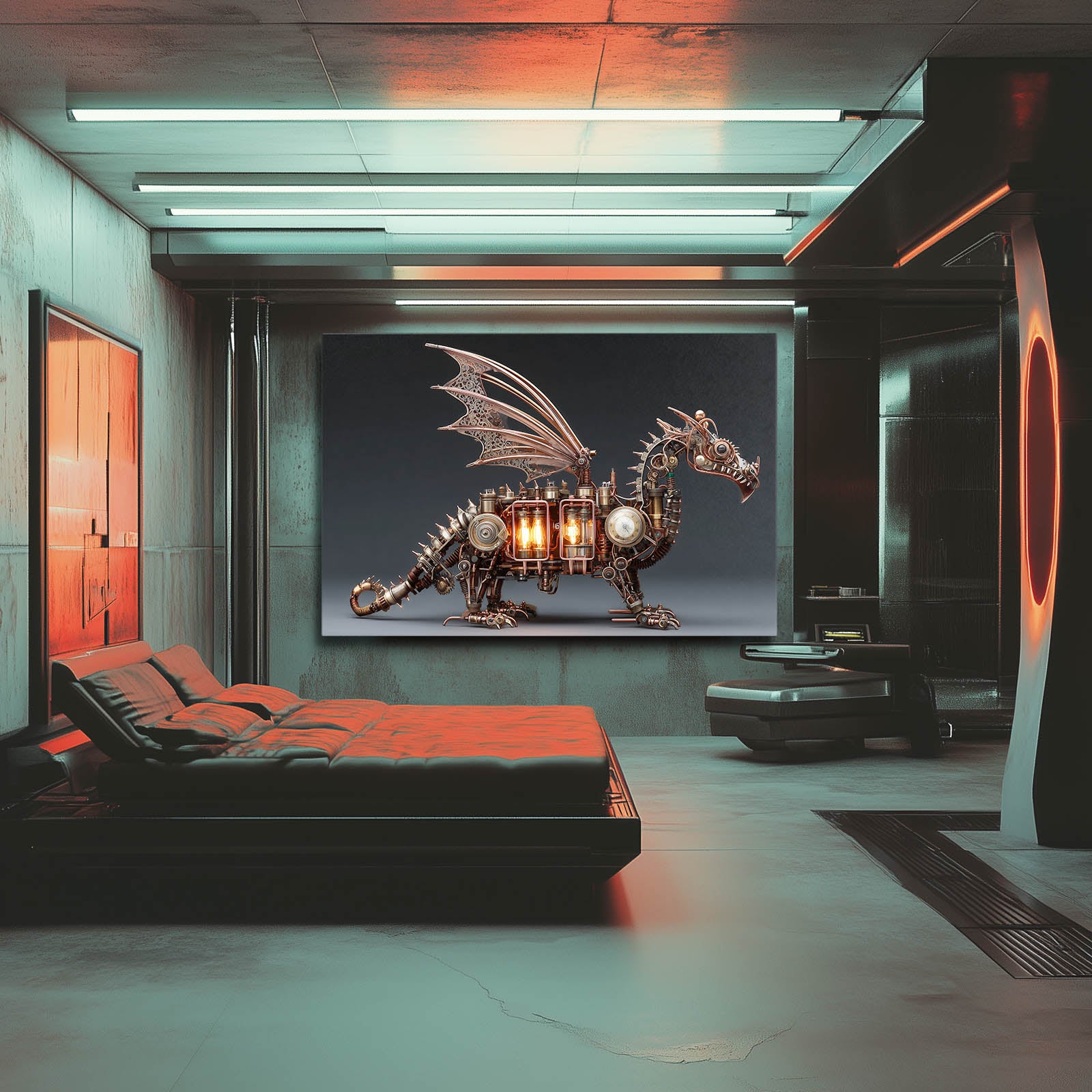 Glowing Mechanical Dragon Steampunk Prints – styled in a furnished interior