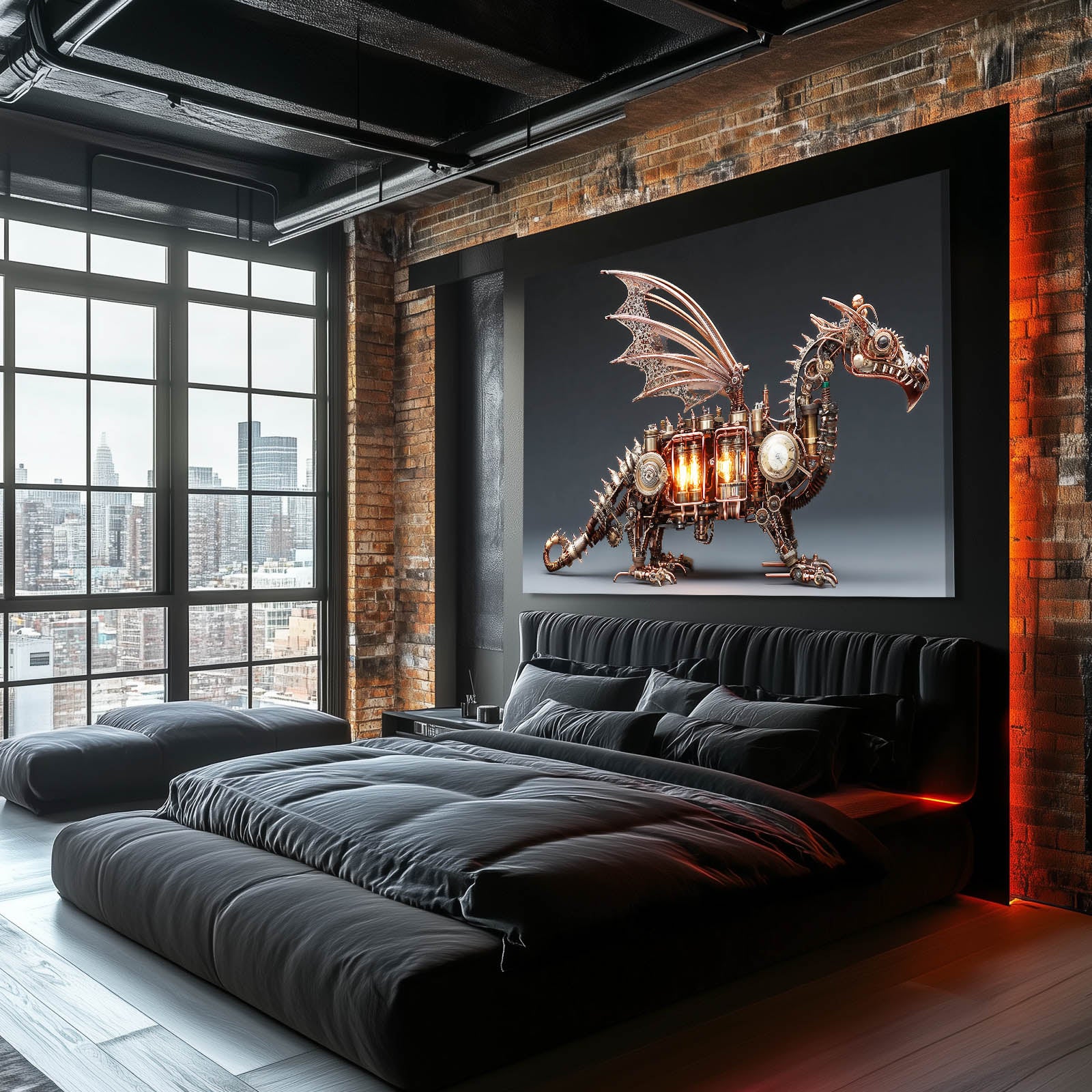 Glowing Mechanical Dragon Steampunk Prints – styled in a furnished interior