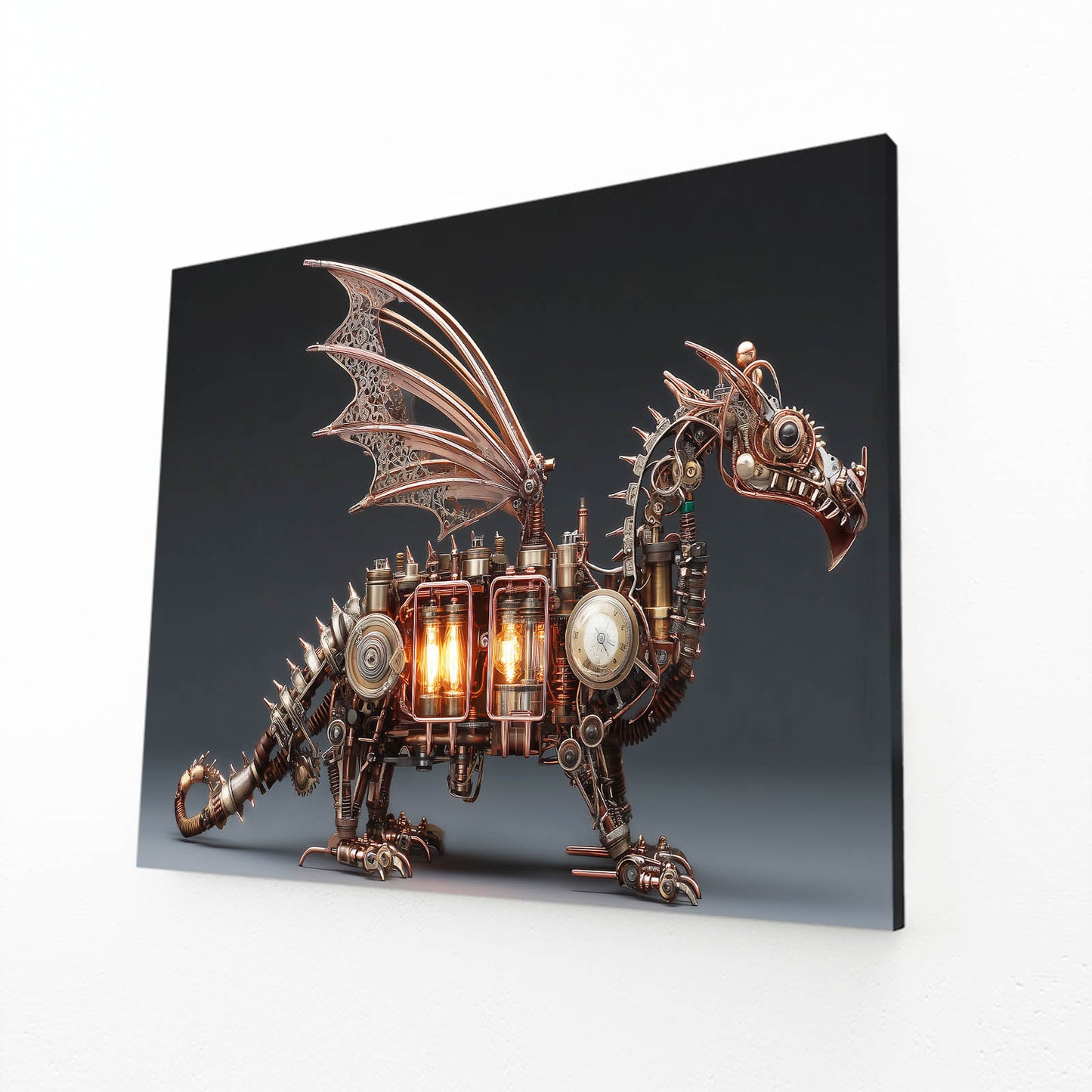 Glowing Mechanical Dragon Steampunk Prints – angled canvas view on white background
