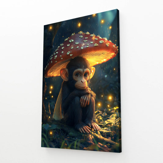 Glowing Mushroom Shelter Monkey Art – angled canvas view on white background