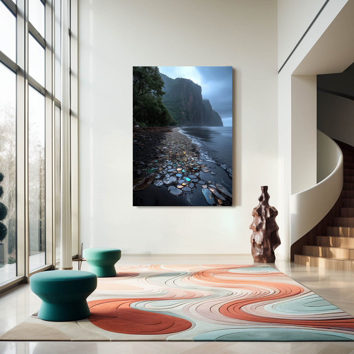 Glowing Pebble Shore Coastal Wall Art — photography canvas print, styled in a furnished interior