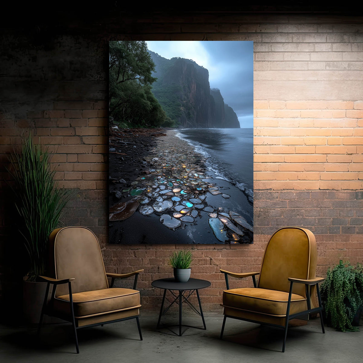 Glowing Pebble Shore Coastal Wall Art — photography canvas print, styled in a furnished interior