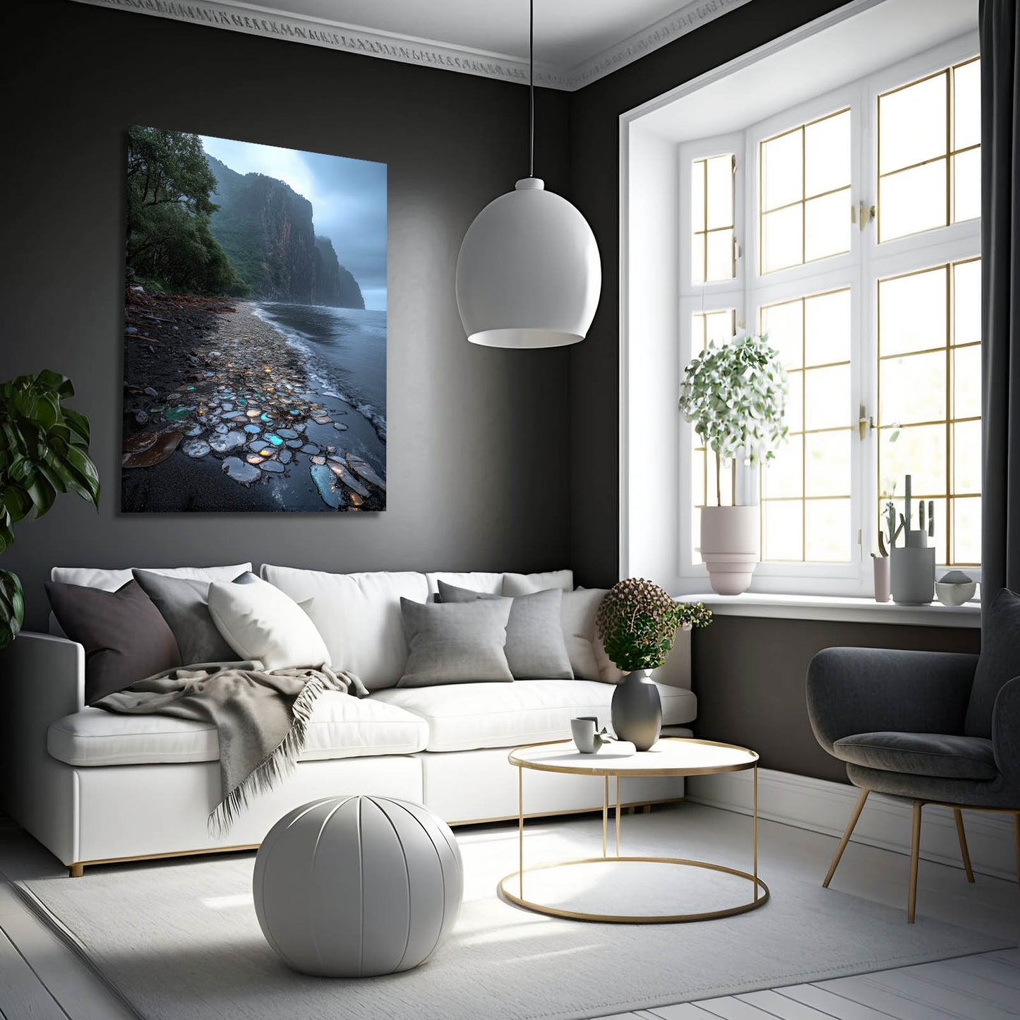 Glowing Pebble Shore Coastal Wall Art — photography canvas print, styled in a furnished interior