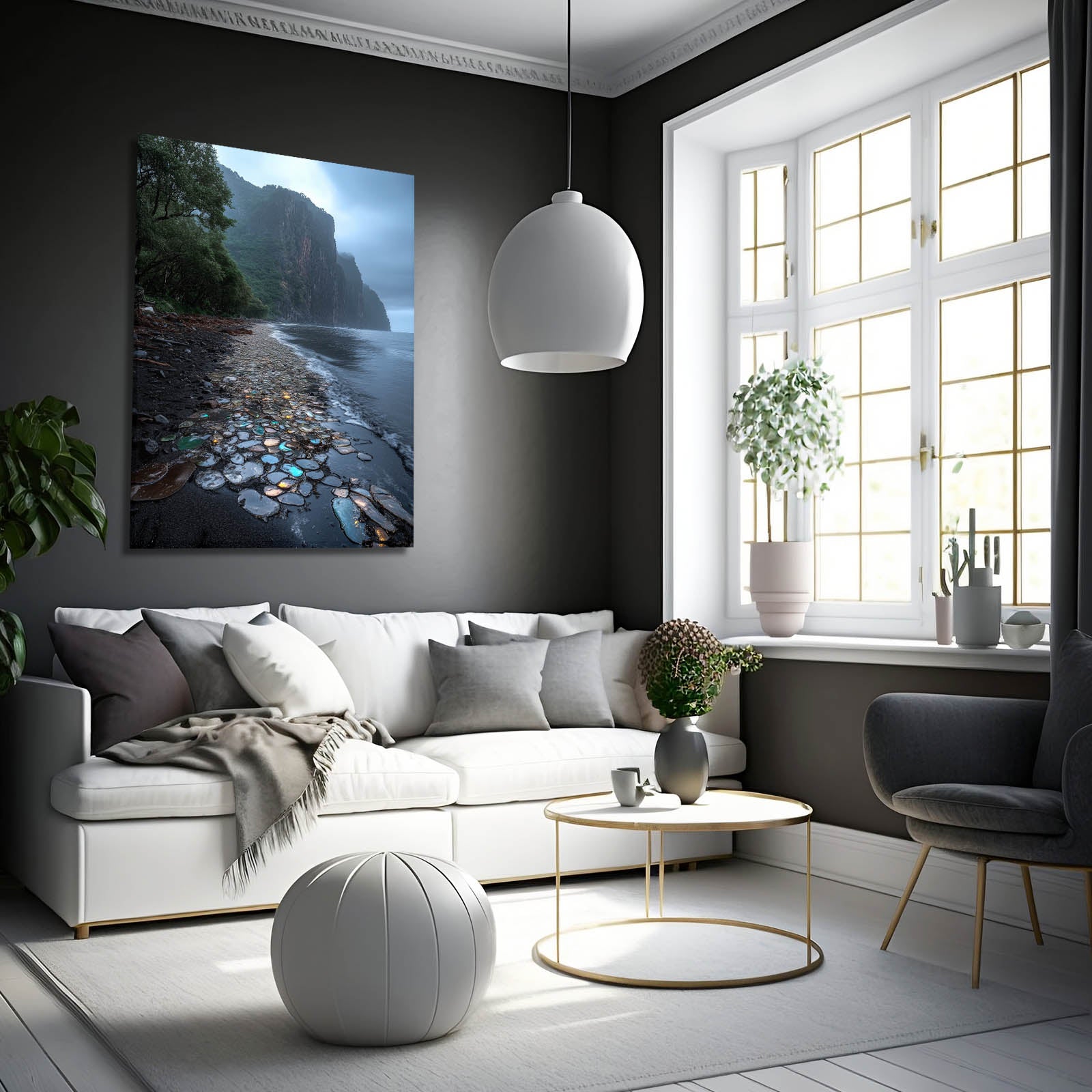 Glowing Pebble Shore Coastal Wall Art — photography canvas print, styled in a furnished interior