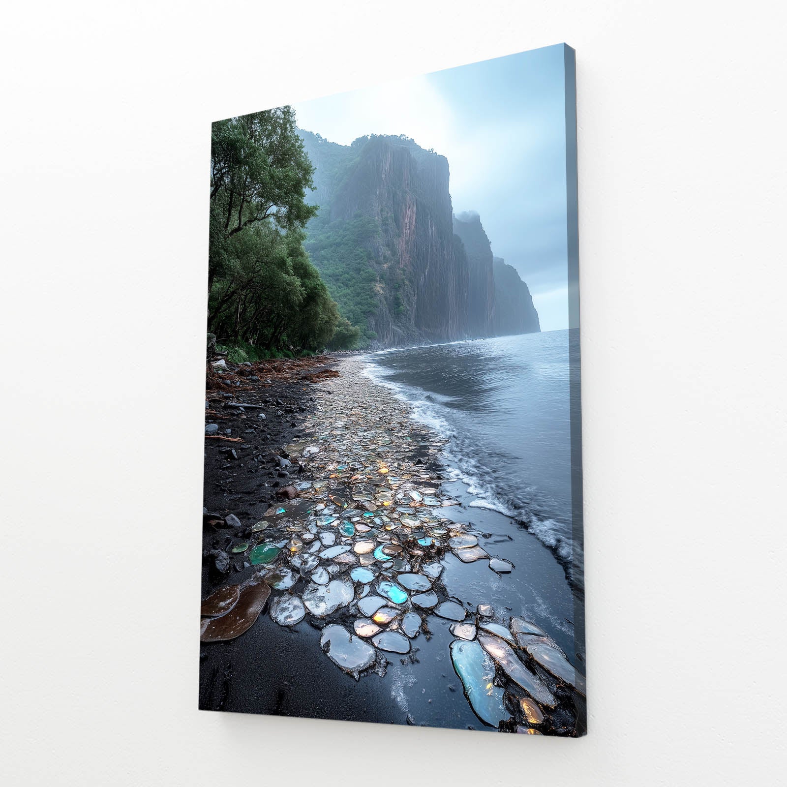 Glowing Pebble Shore Coastal Wall Art — photography canvas print, angled canvas view on white background