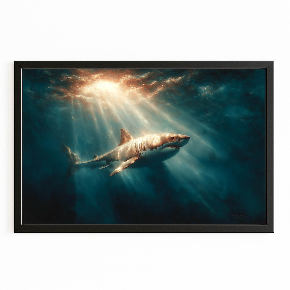 God Rays Deep Shark Canvas Art – with Premium Black frame on white background