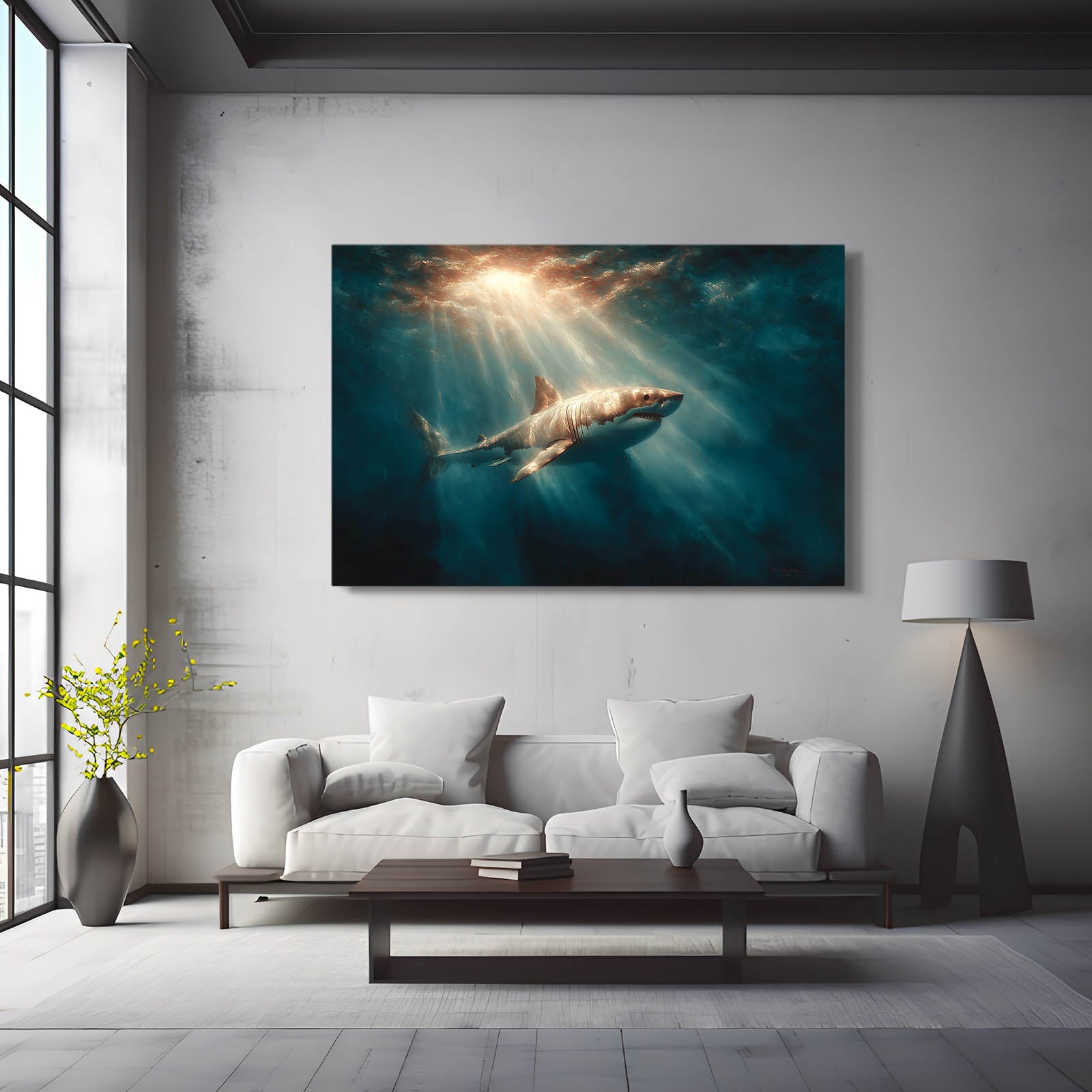 God Rays Deep Shark Canvas Art – styled in a furnished interior
