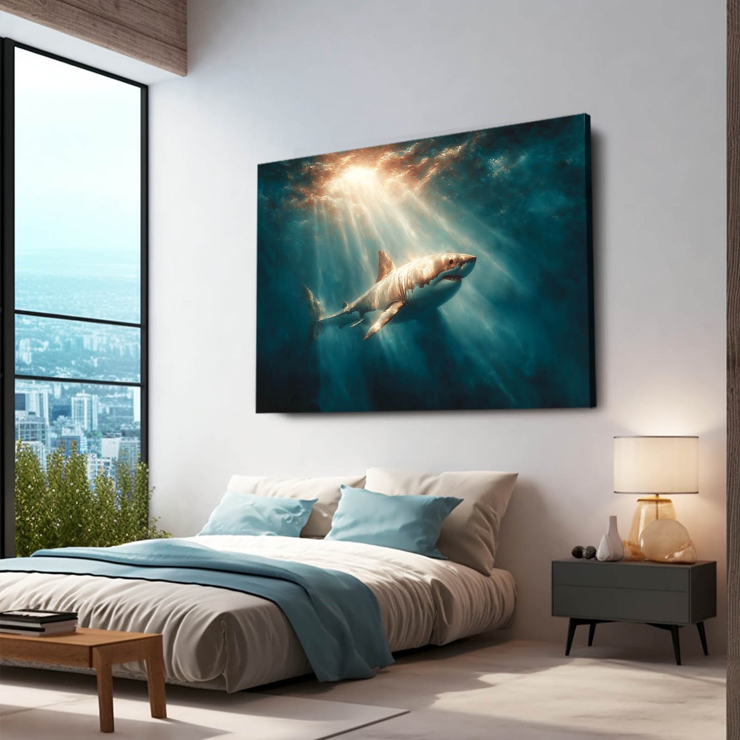 God Rays Deep Shark Canvas Art – styled in a furnished interior