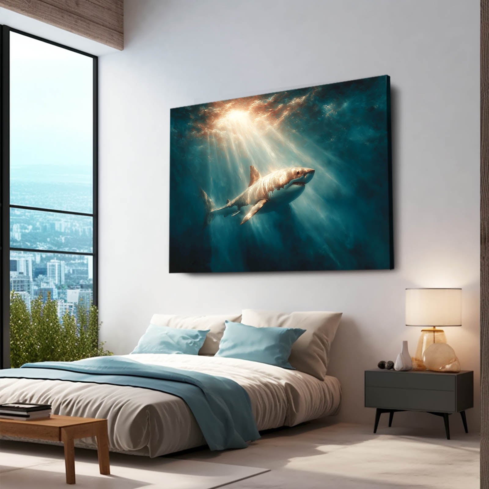 God Rays Deep Shark Canvas Art – styled in a furnished interior