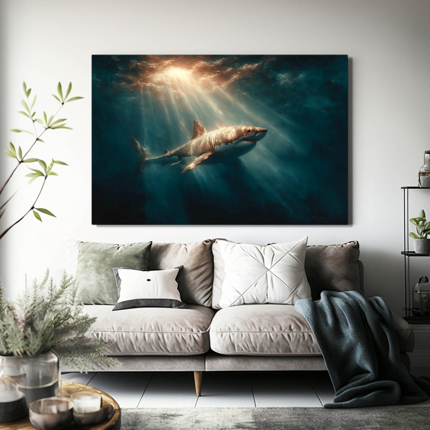 God Rays Deep Shark Canvas Art – styled in a furnished interior