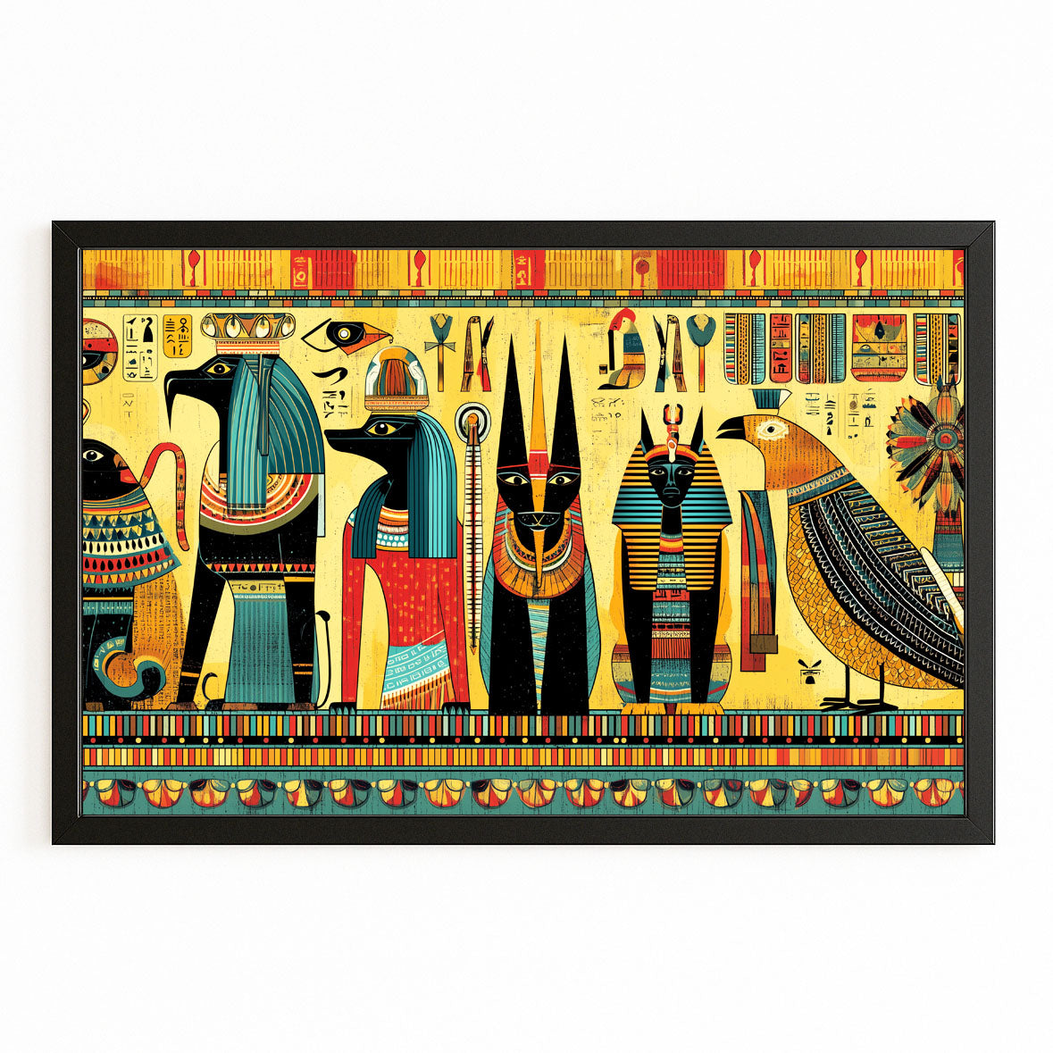 Gods Procession Illustration Egyptian Canvas Art – with Premium Black frame on white background