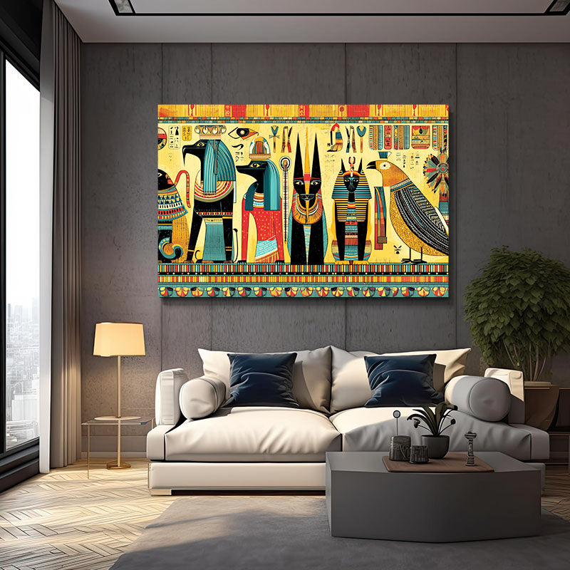 Gods Procession Illustration Egyptian Canvas Art – styled in a furnished interior