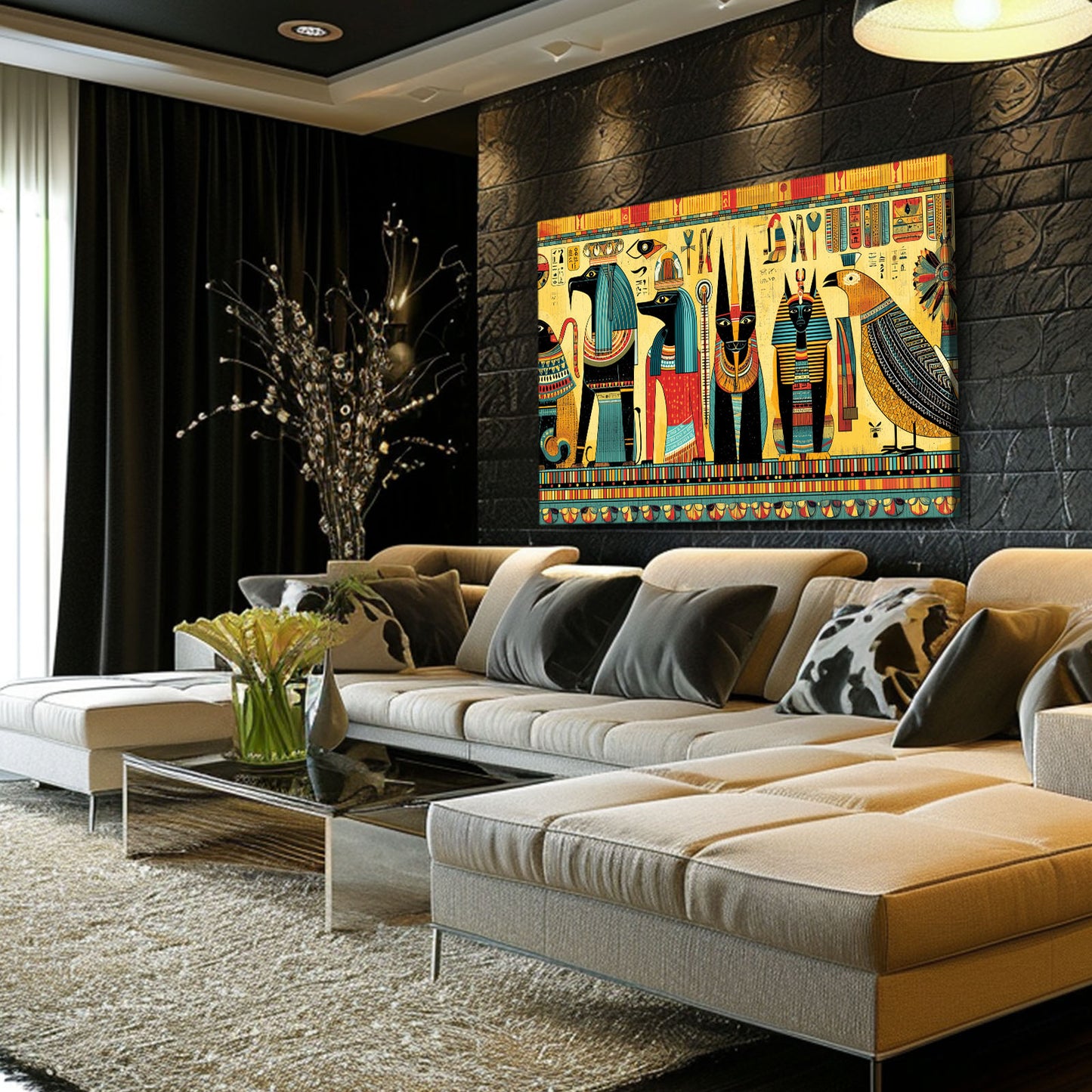 Gods Procession Illustration Egyptian Canvas Art – styled in a furnished interior