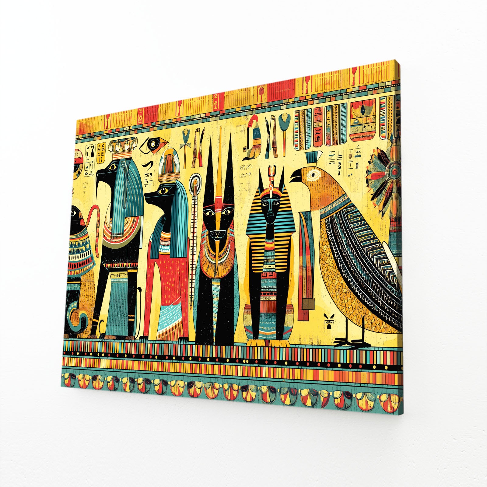 Gods Procession Illustration Egyptian Canvas Art – angled canvas view on white background
