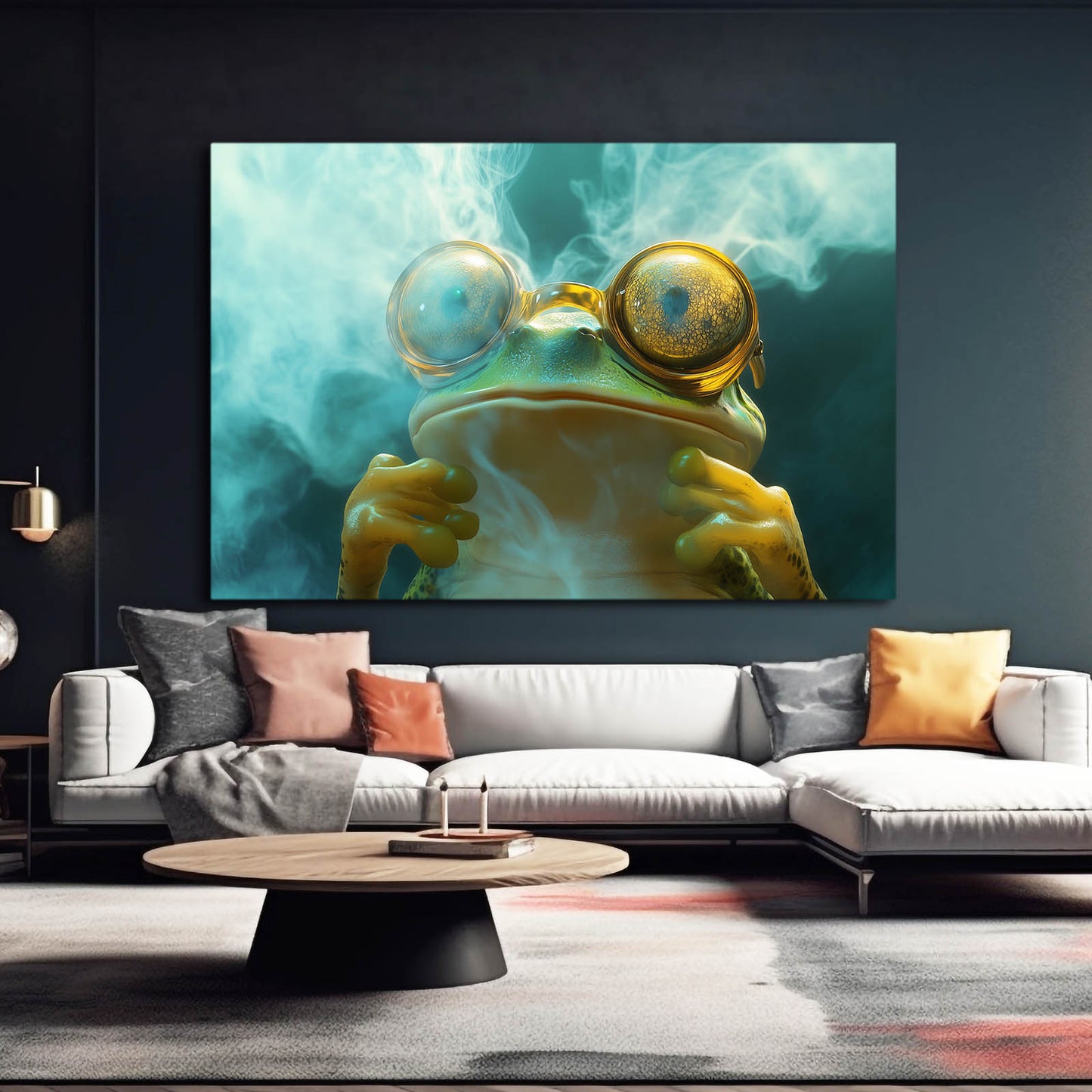 Goggle Smoke Frog Canvas Art – styled in a furnished interior
