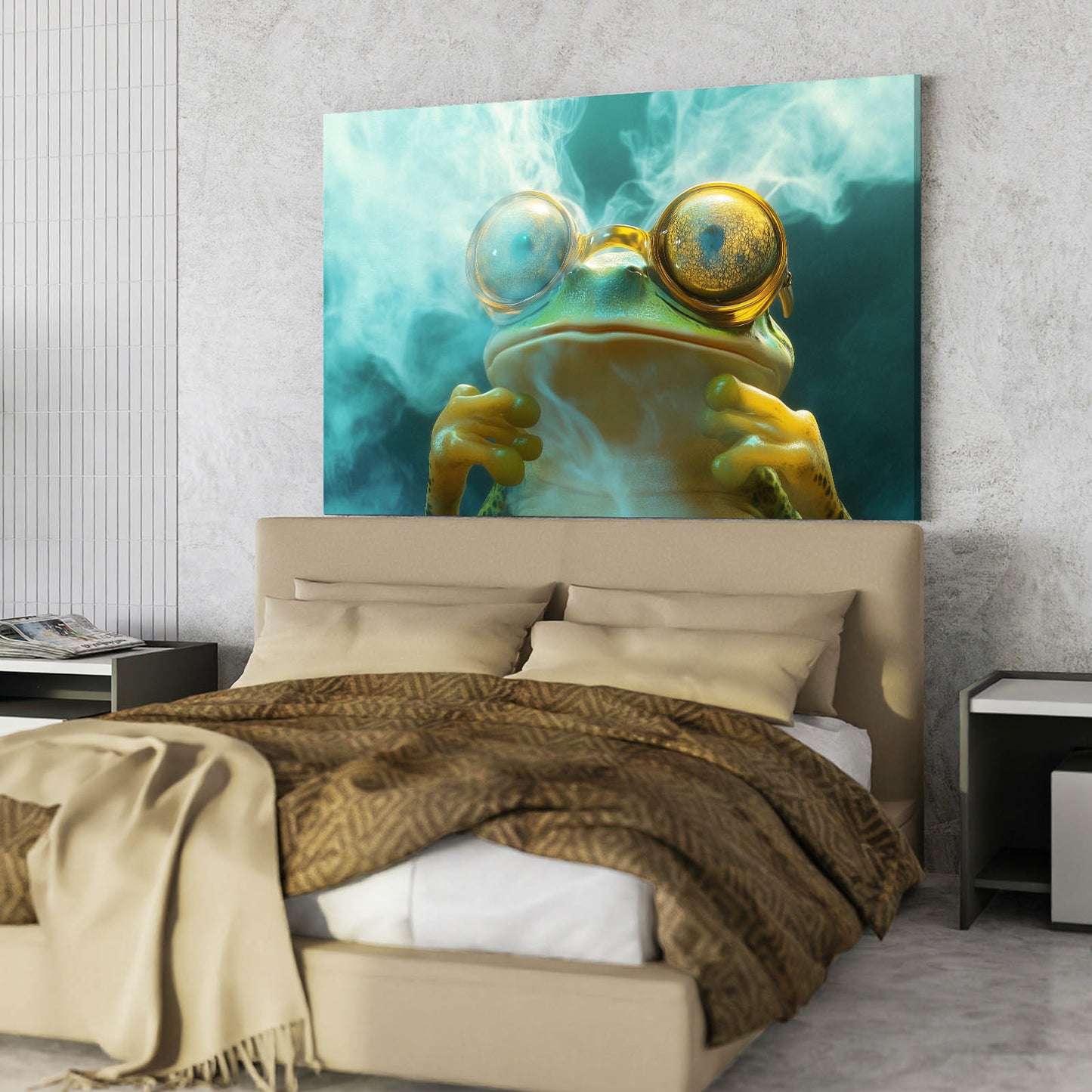 Goggle Smoke Frog Canvas Art – styled in a furnished interior