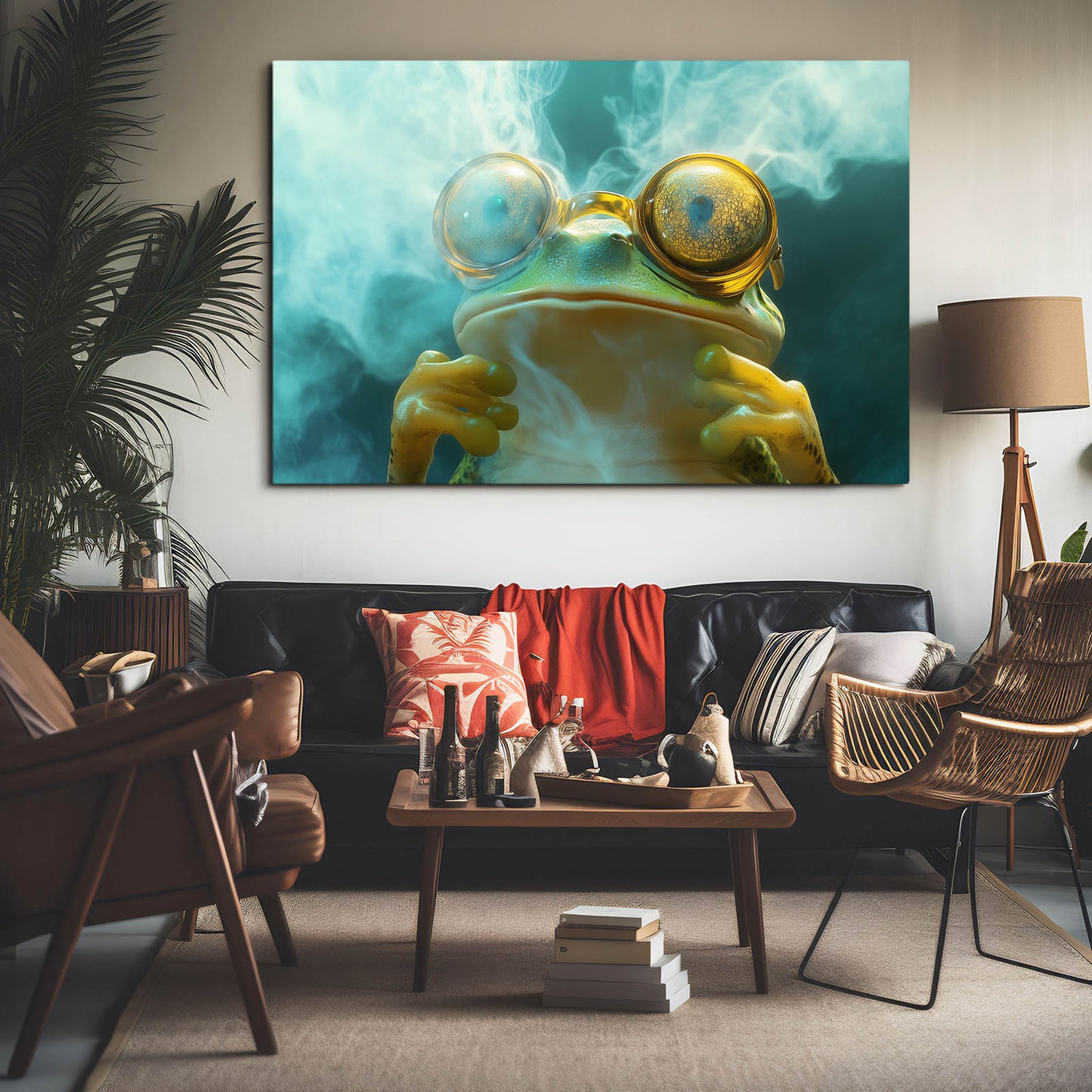 Goggle Smoke Frog Canvas Art – styled in a furnished interior