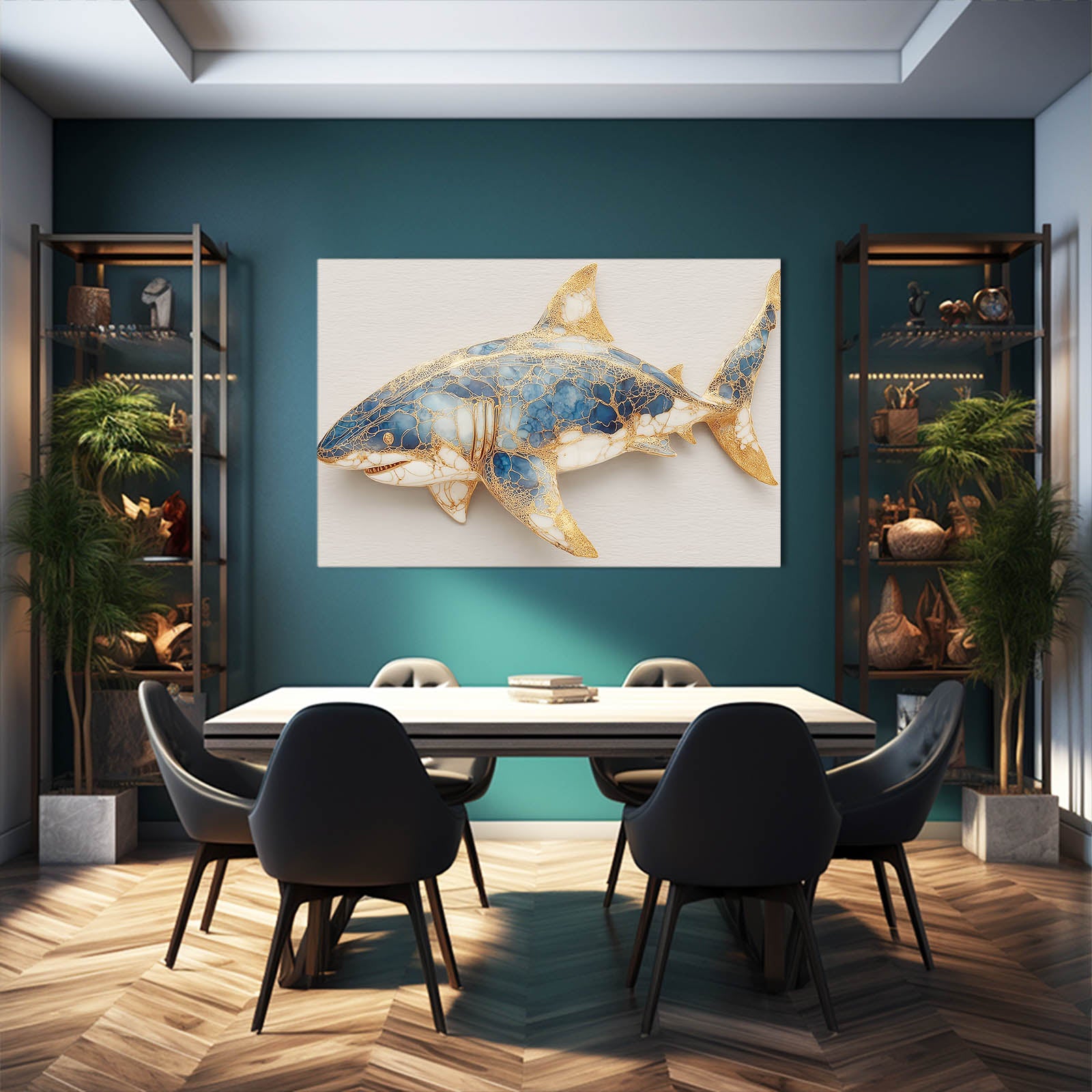 Gold Accent Elegant Shark Prints – styled in a furnished interior