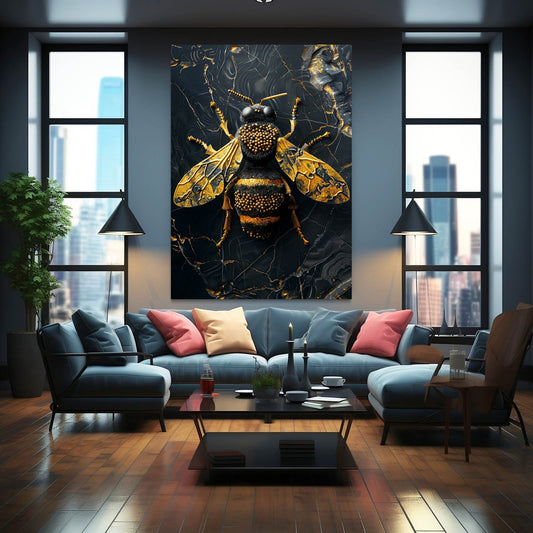 Gold Bee Wall Art — 3d canvas print in white tones, view 3