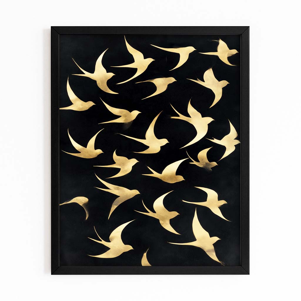 Gold Birds Flight Canvas Art – with Premium Black frame on white background