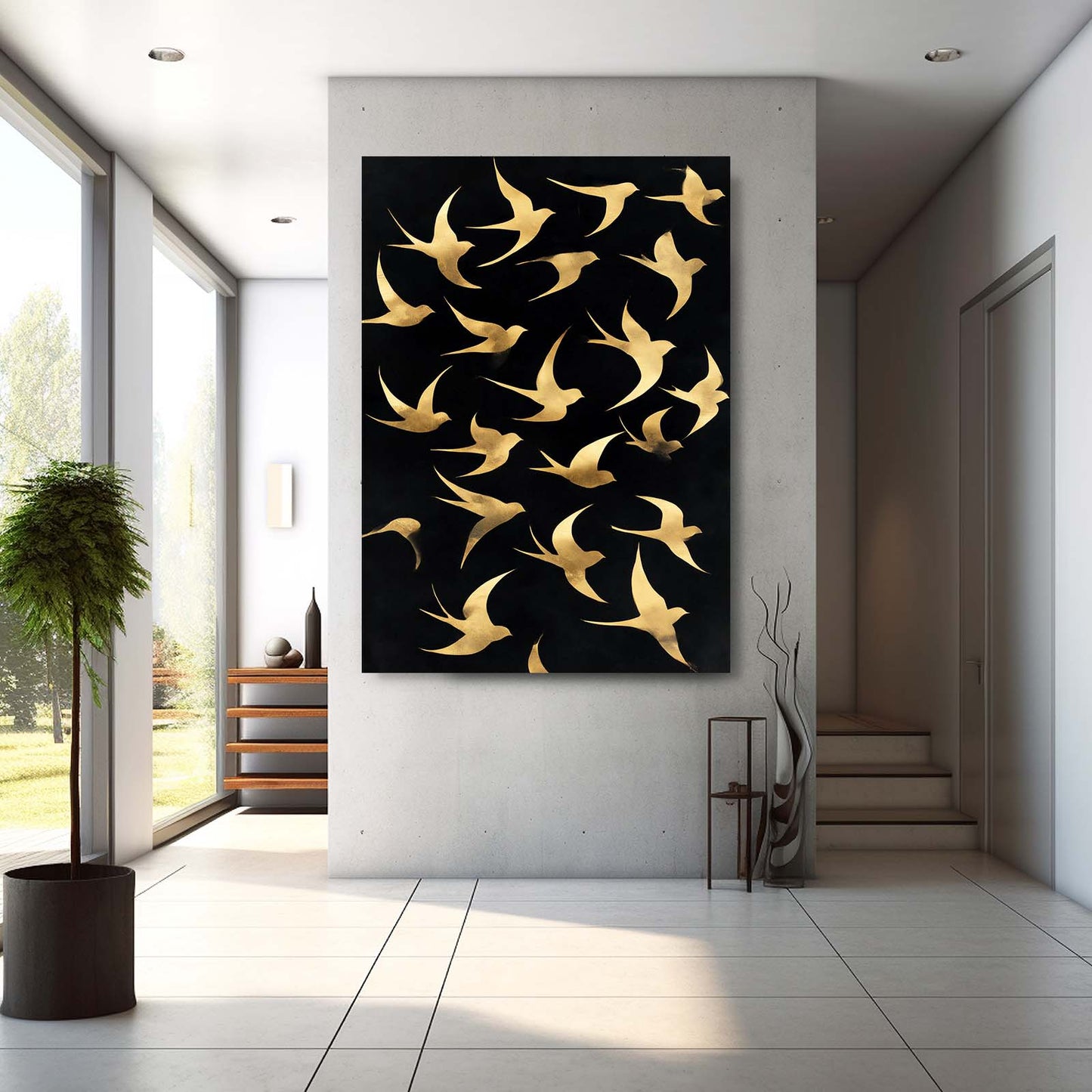 Gold Birds Flight Canvas Art – styled in a furnished interior
