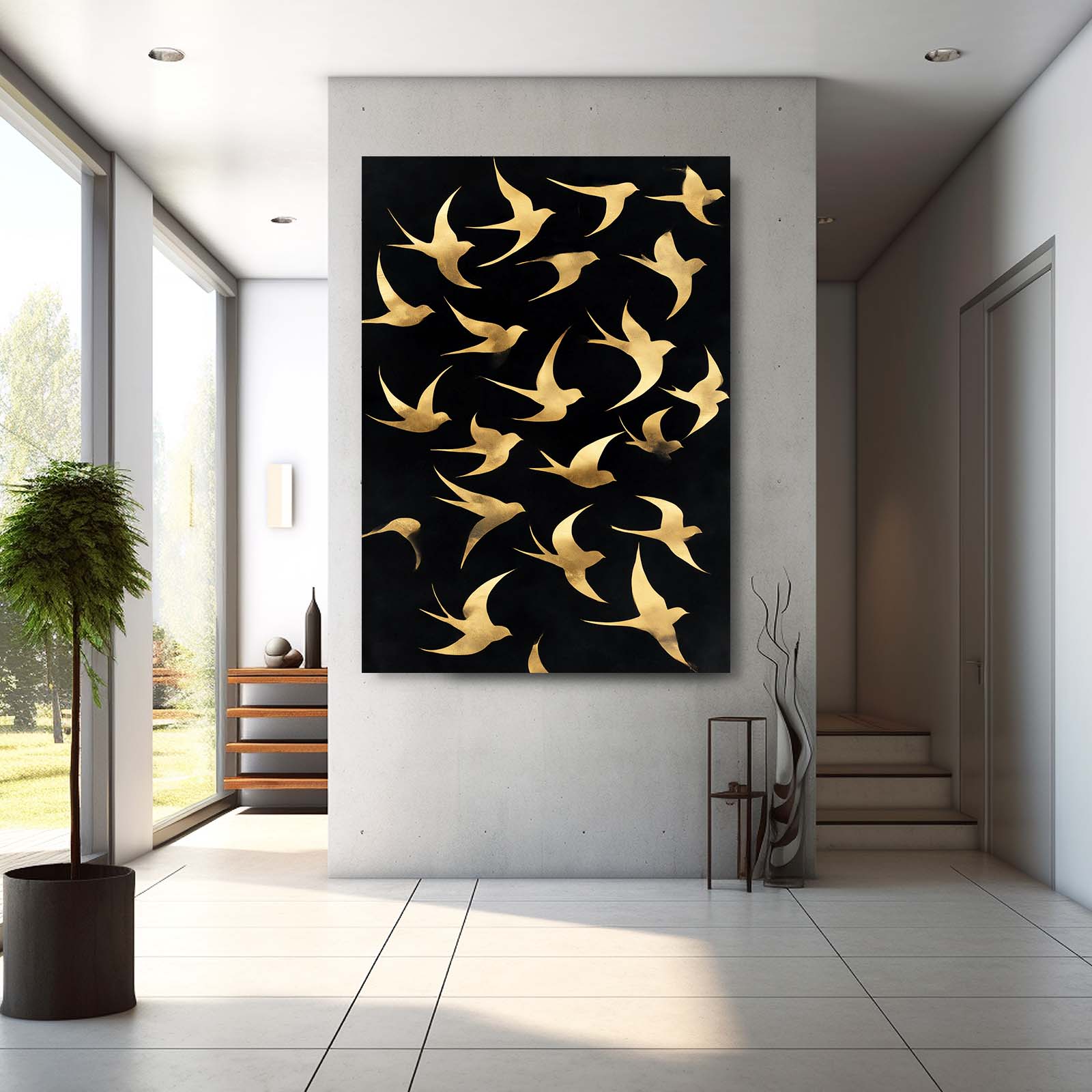 Gold Birds Flight Canvas Art – styled in a furnished interior