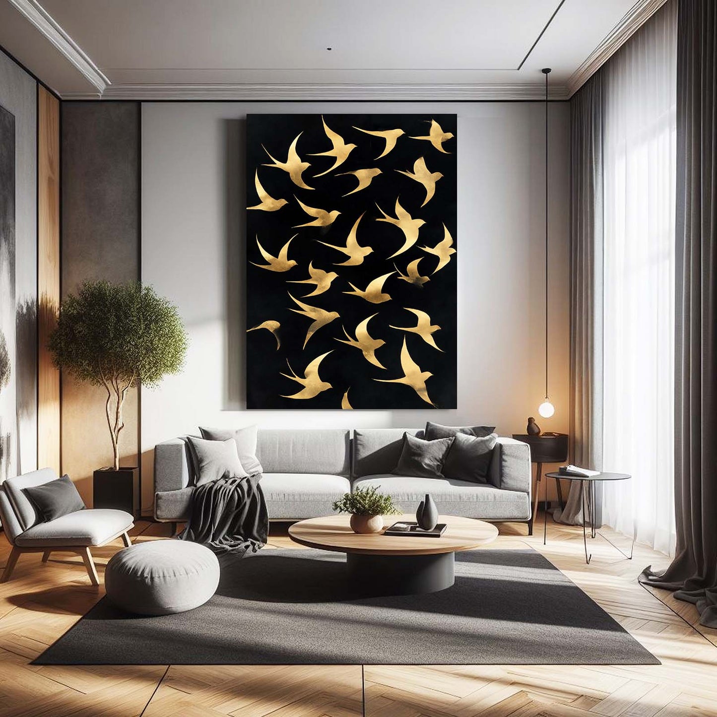 Gold Birds Flight Canvas Art – styled in a furnished interior