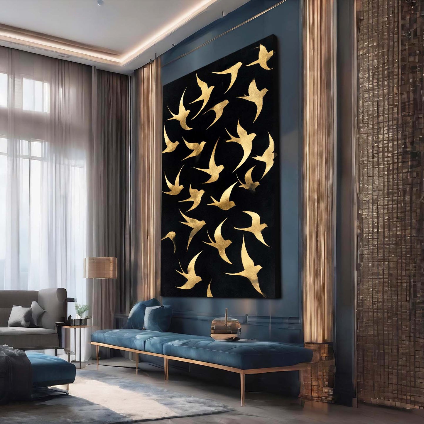 Gold Birds Flight Canvas Art – styled in a furnished interior