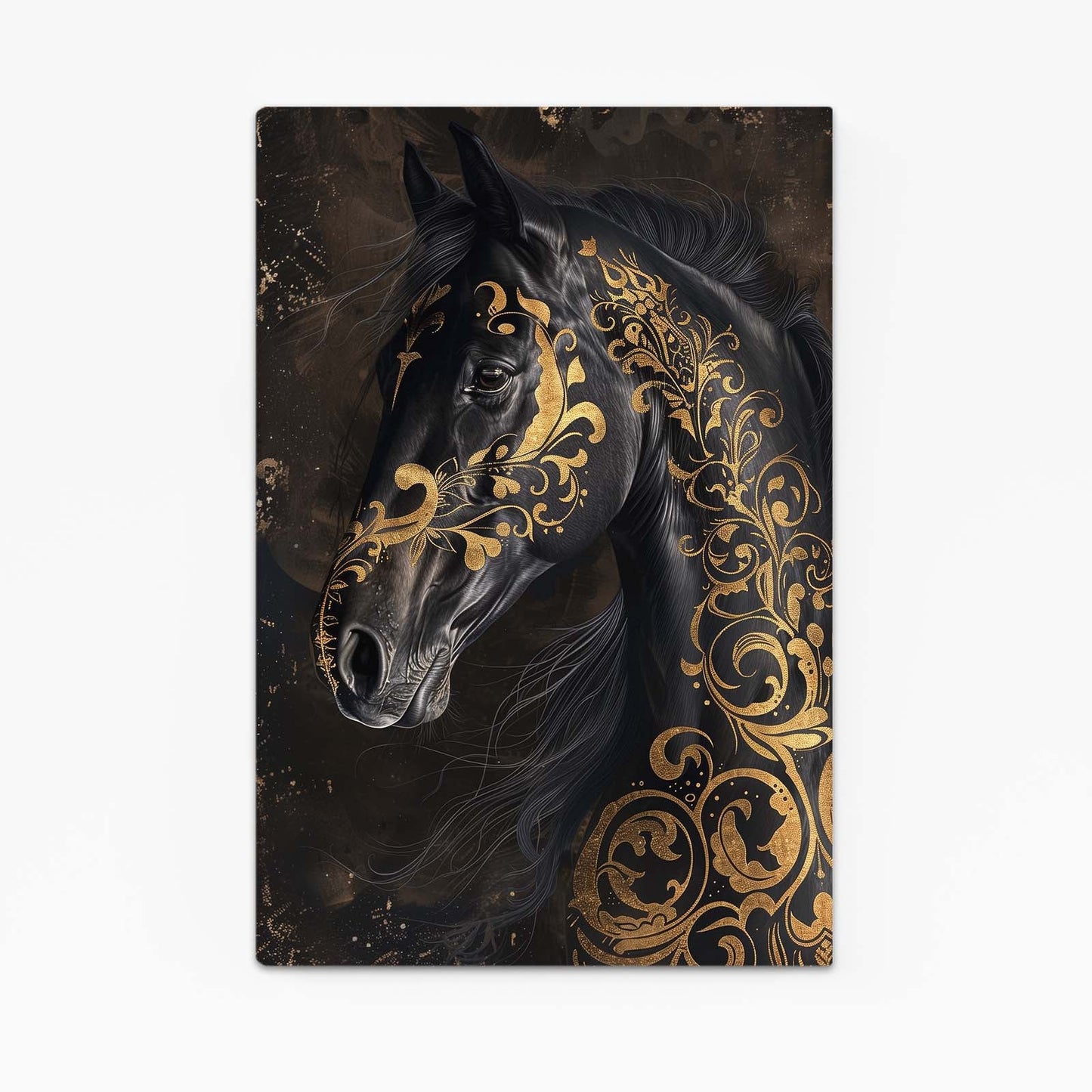 Gold Black Copy Horse Wall Art – angled canvas view on white background