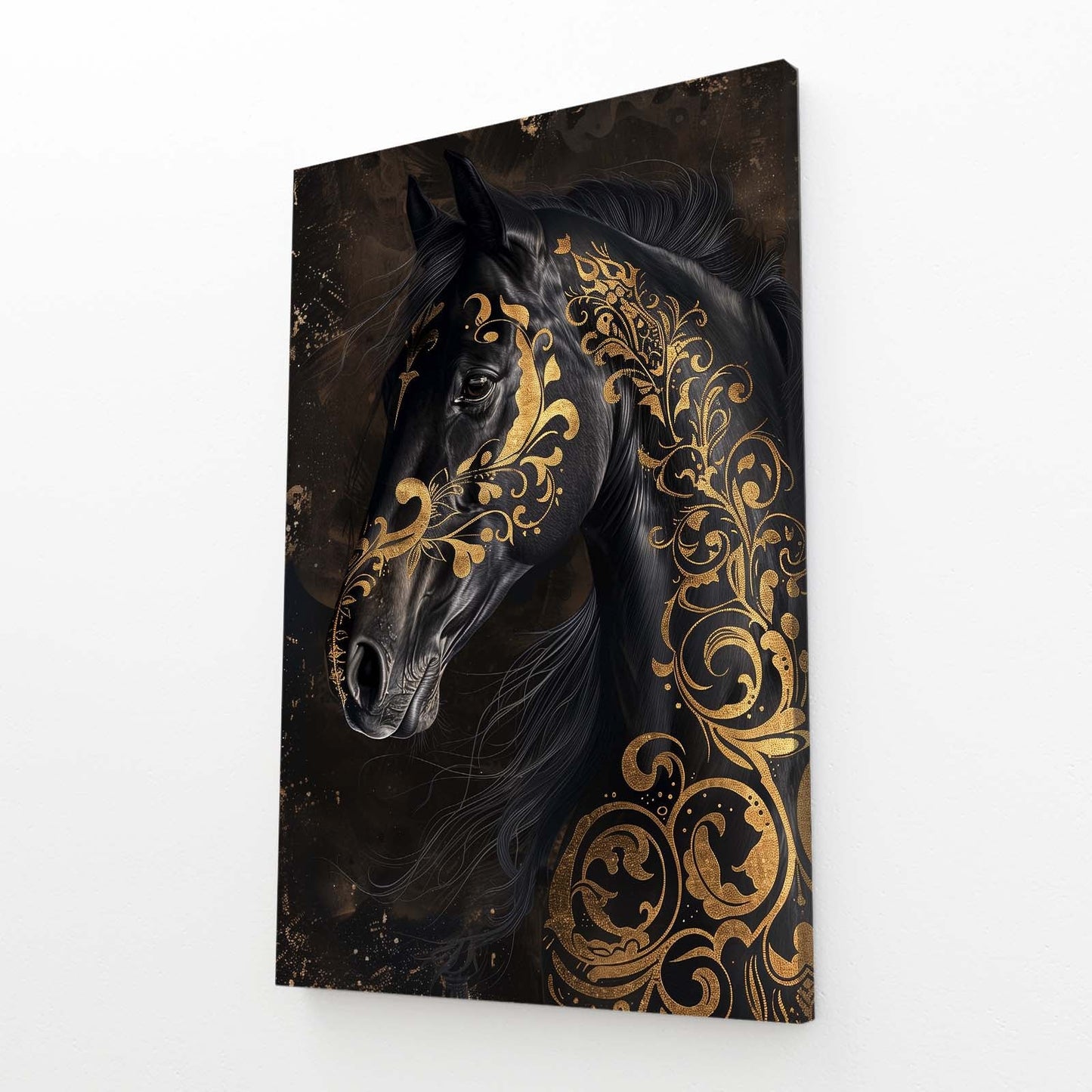 Gold Black Copy Horse Wall Art – angled canvas view on white background