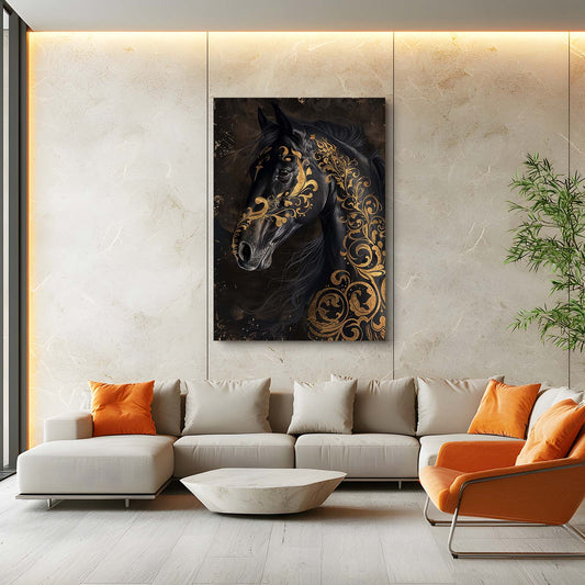 Gold Black Copy Horse Wall Art – angled canvas view on white background