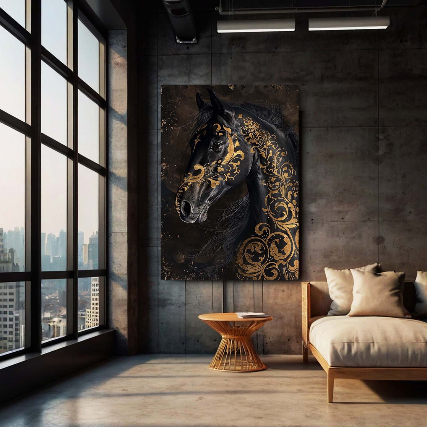 Gold Black Copy Horse Wall Art – angled canvas view on white background
