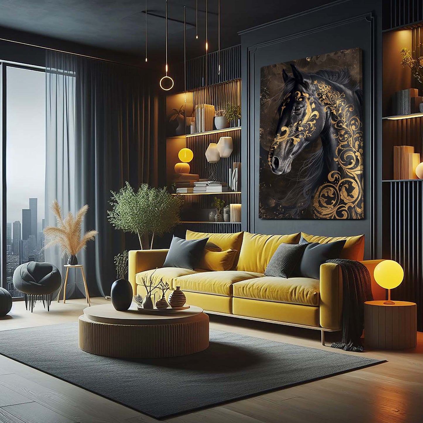 Gold Black Copy Horse Wall Art – angled canvas view on white background