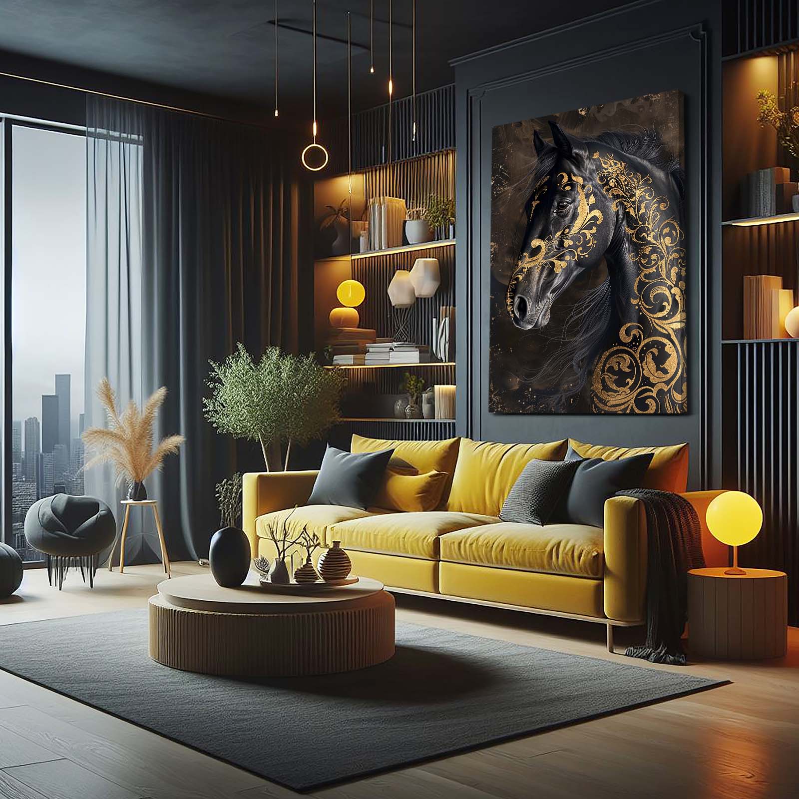 Gold Black Copy Horse Wall Art – angled canvas view on white background