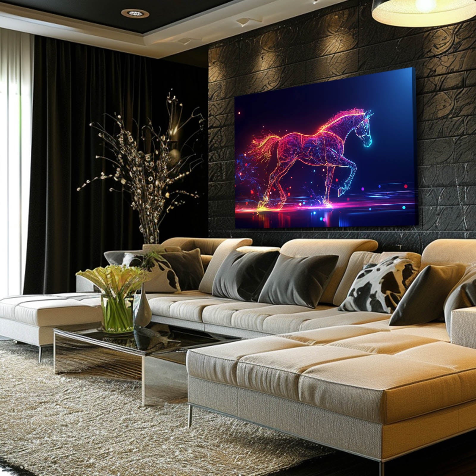 Gold Black Horse Art – angled canvas view on white background