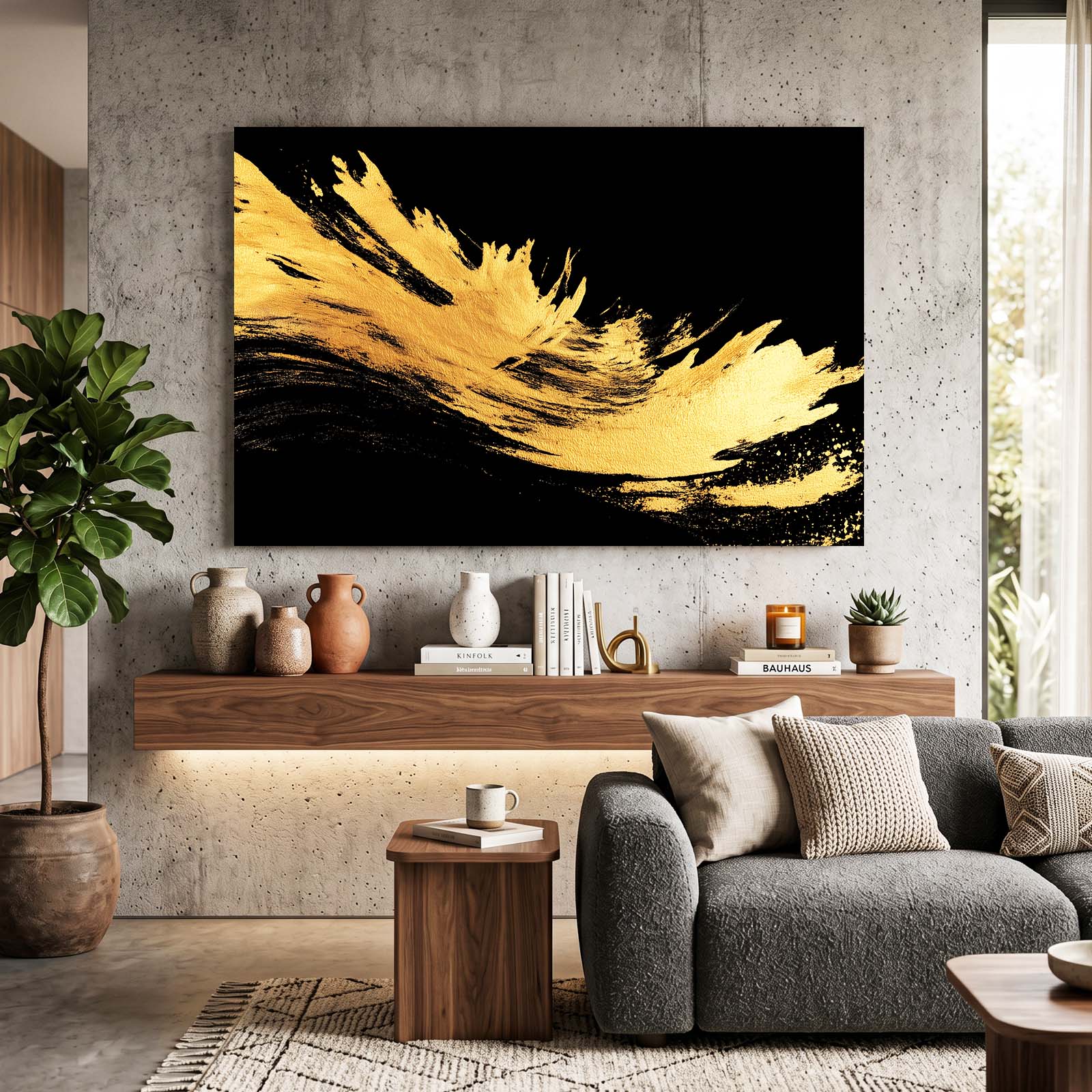 Gold Burst Strokes Wall Decor – styled in a furnished interior