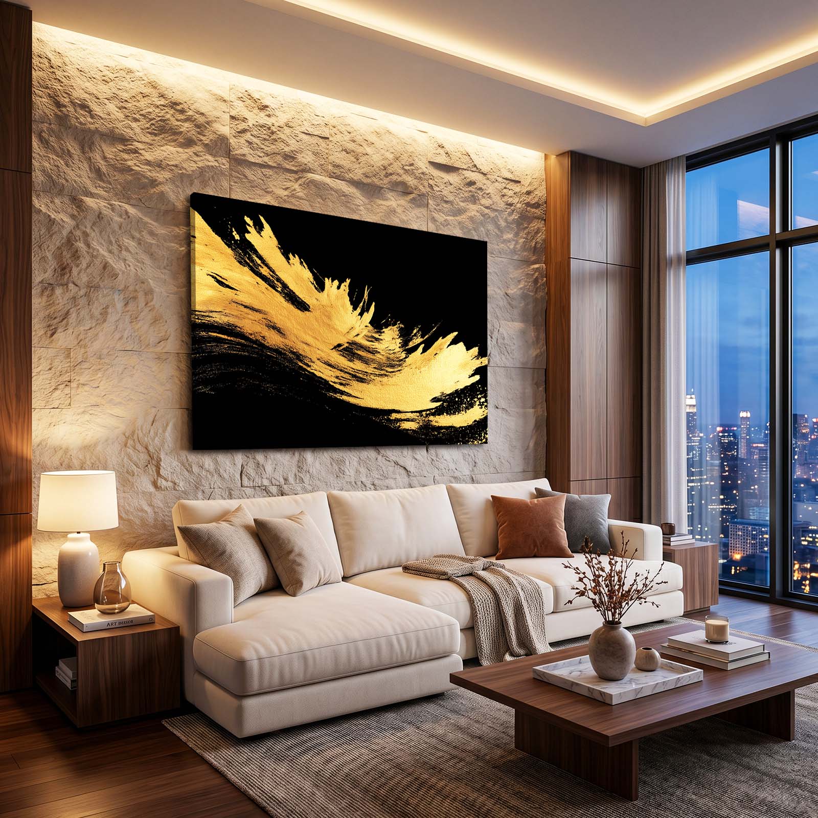 Gold Burst Strokes Wall Decor – styled in a furnished interior