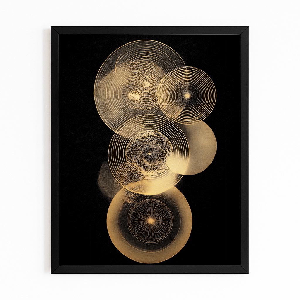 Gold Circle Orbits Canvas Art – with Premium Black frame on white background