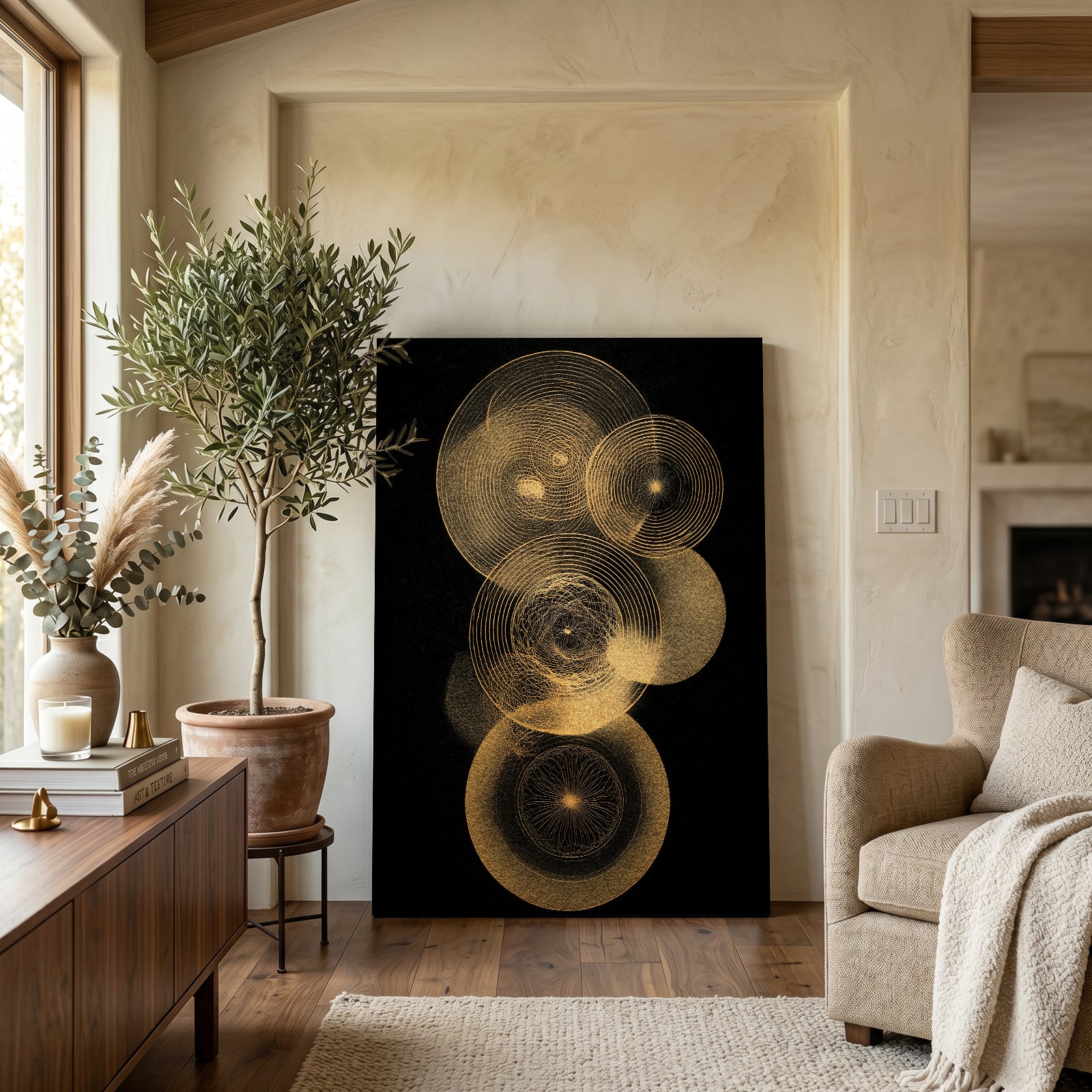 Gold Circle Orbits Canvas Art – styled in a furnished interior