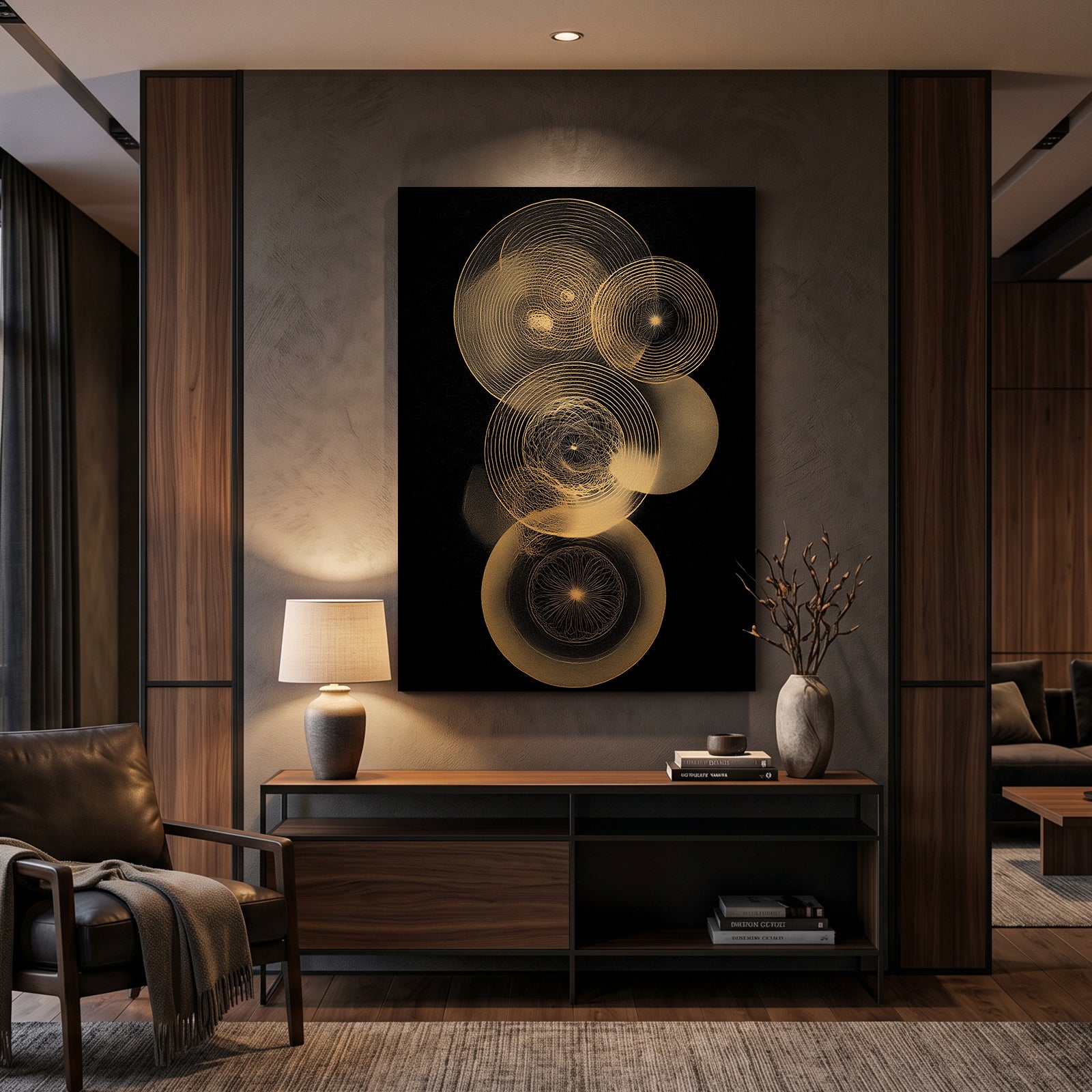 Gold Circle Orbits Canvas Art – styled in a furnished interior