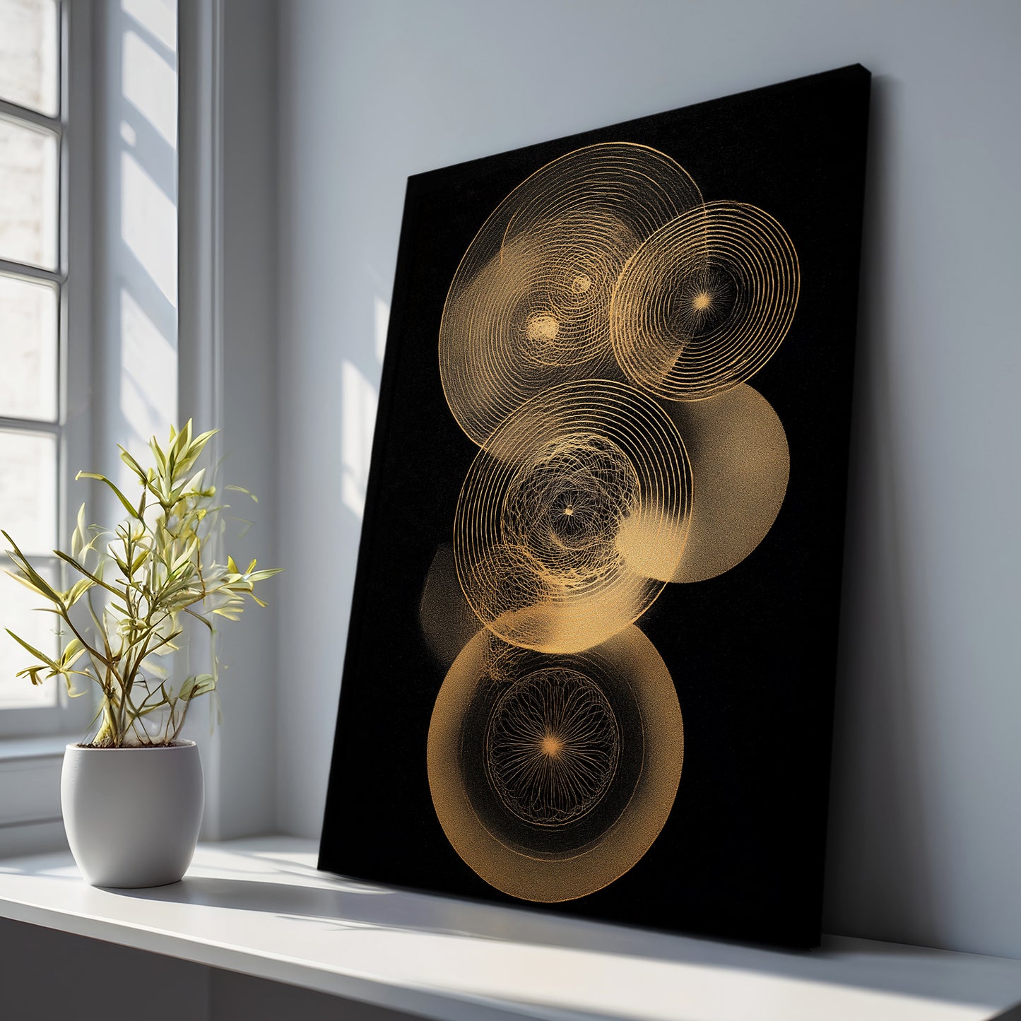 Gold Circle Orbits Canvas Art – styled in a furnished interior