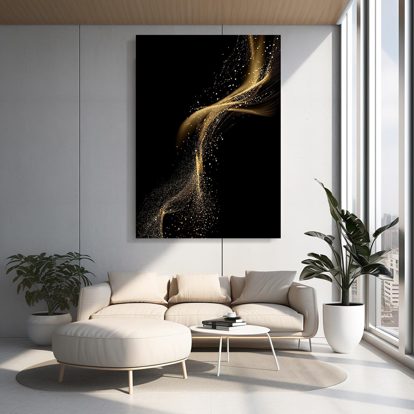 Gold Dust Swirl Canvas Art – styled in a furnished interior