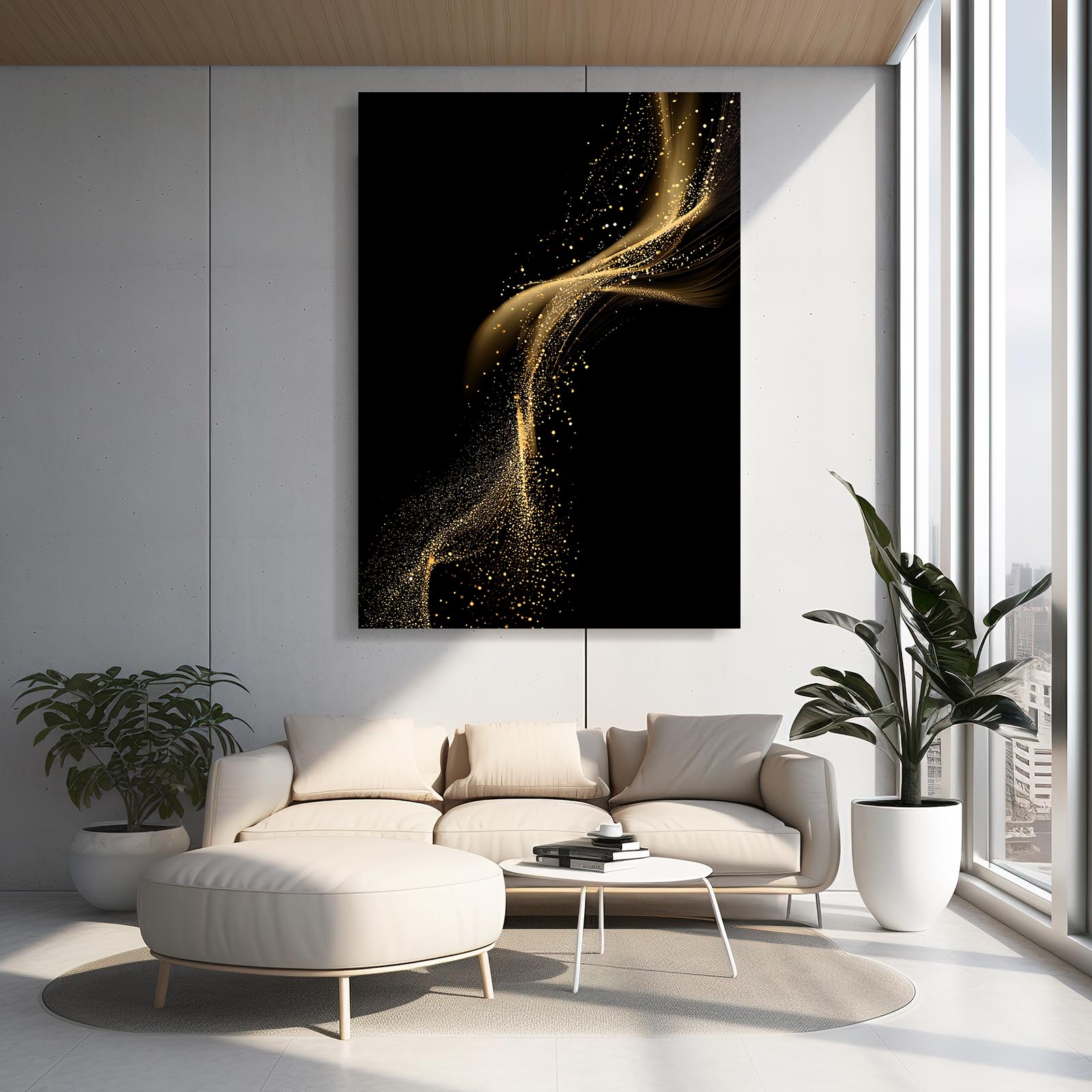 Gold Dust Swirl Canvas Art – styled in a furnished interior