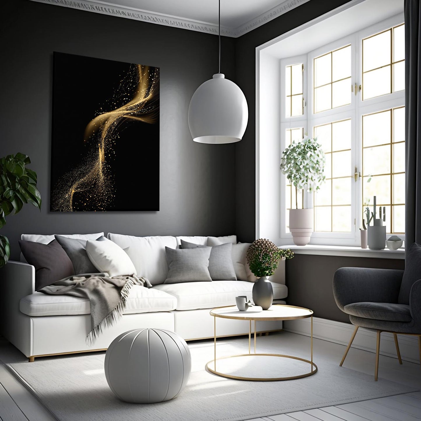 Gold Dust Swirl Canvas Art – styled in a furnished interior