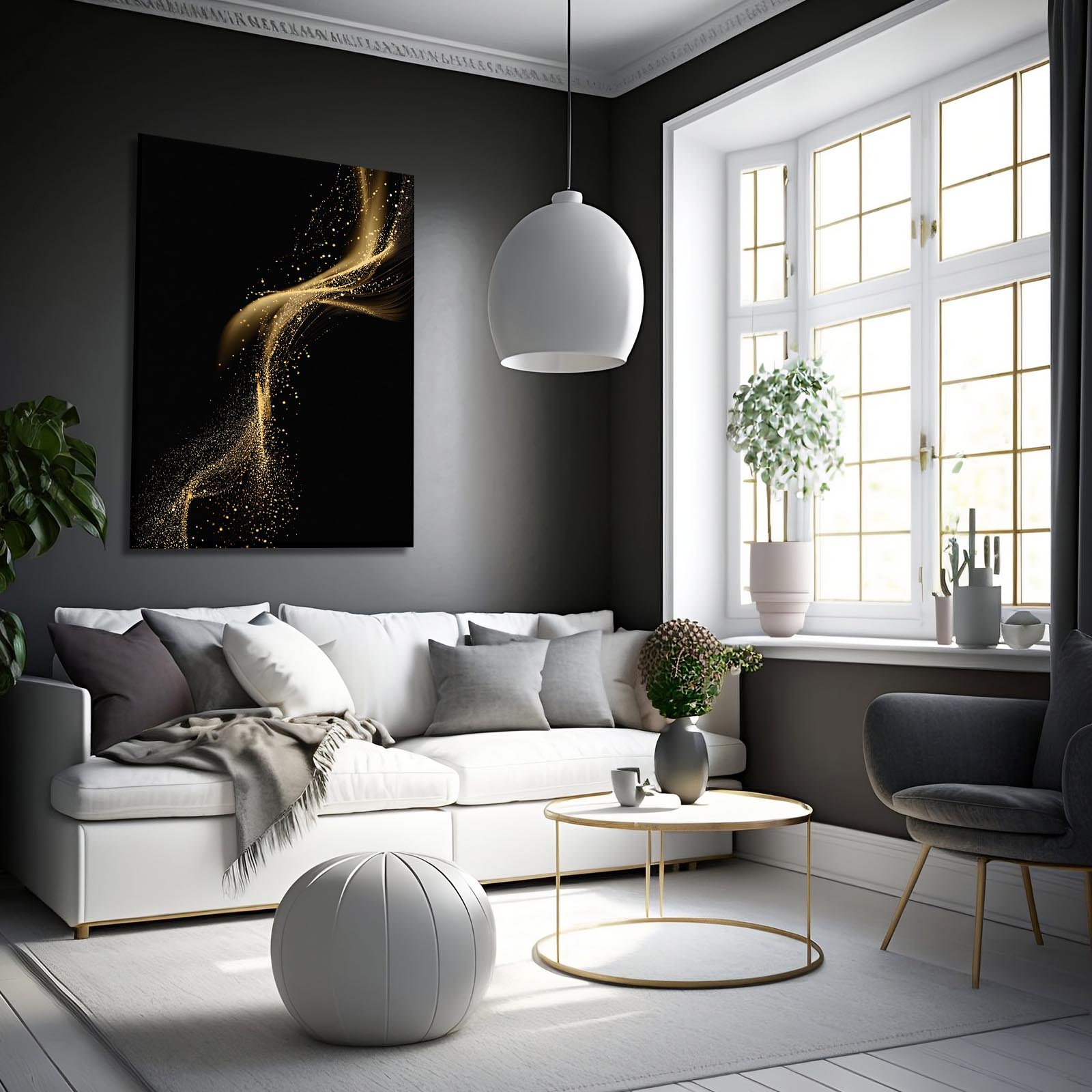 Gold Dust Swirl Canvas Art – styled in a furnished interior