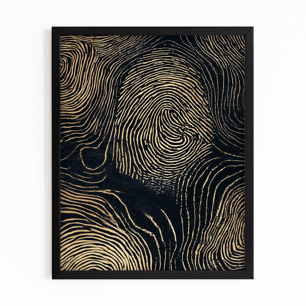 Gold Fingerprint Lines Canvas – with Premium Black frame on white background