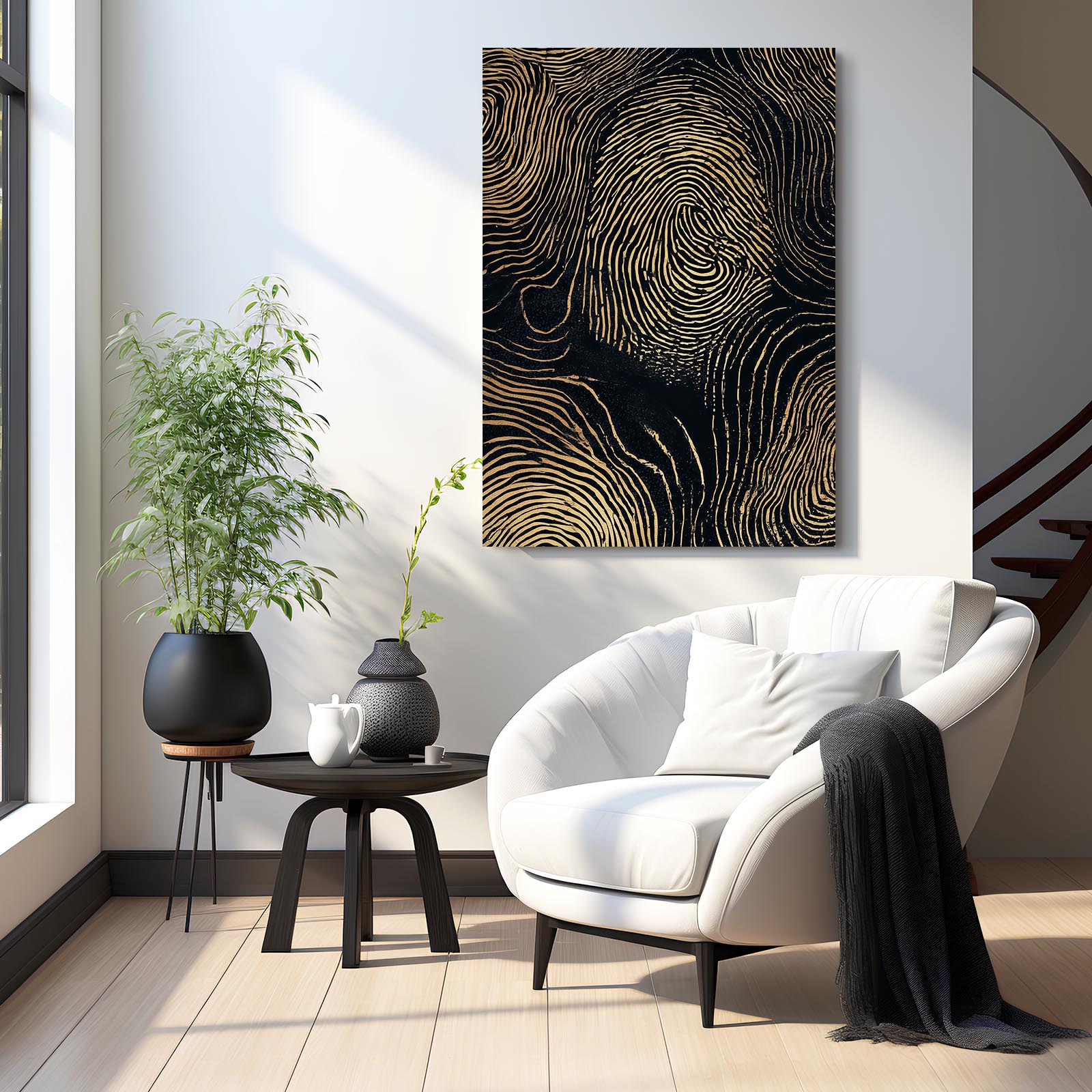 Gold Fingerprint Lines Canvas – styled in a furnished interior