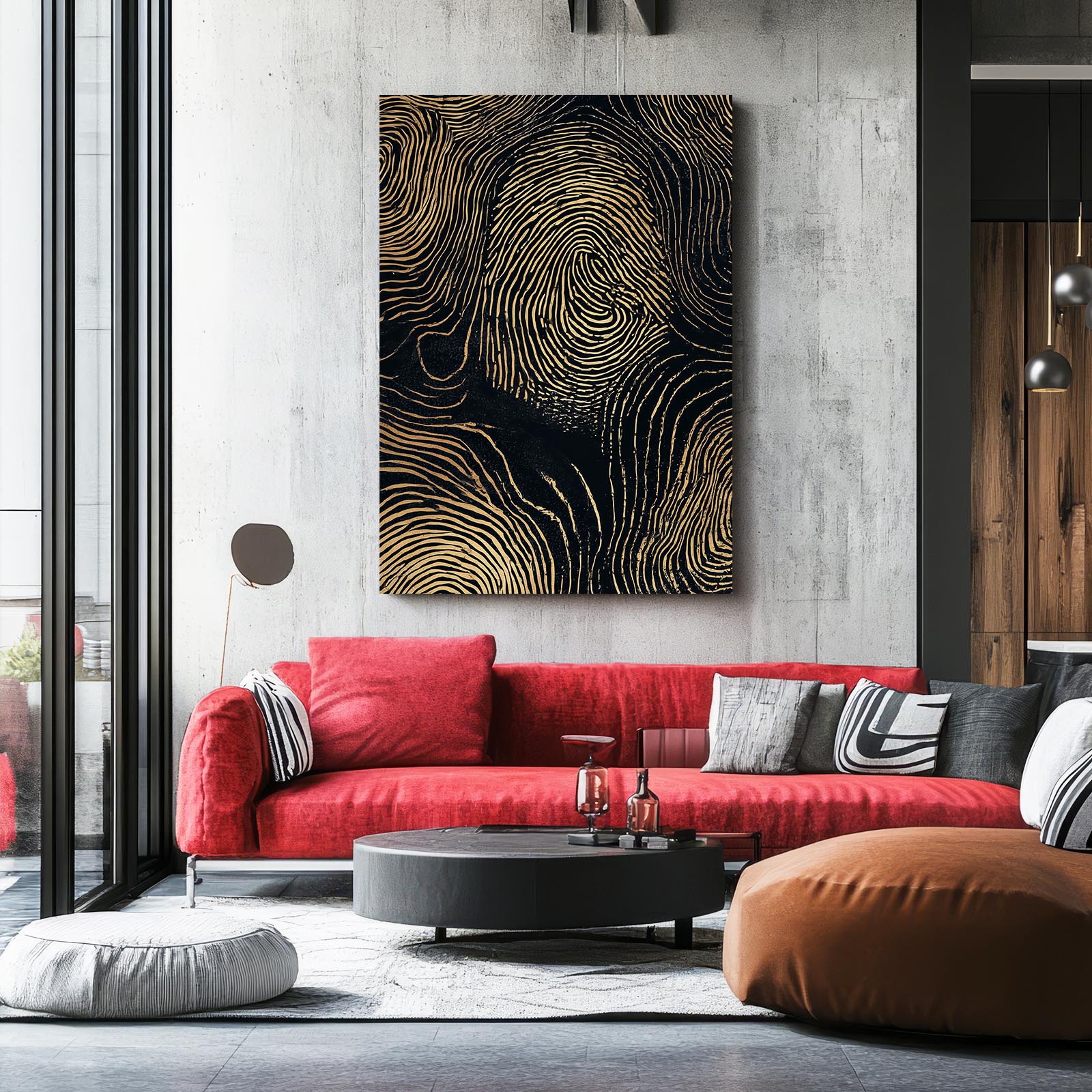 Gold Fingerprint Lines Canvas – styled in a furnished interior