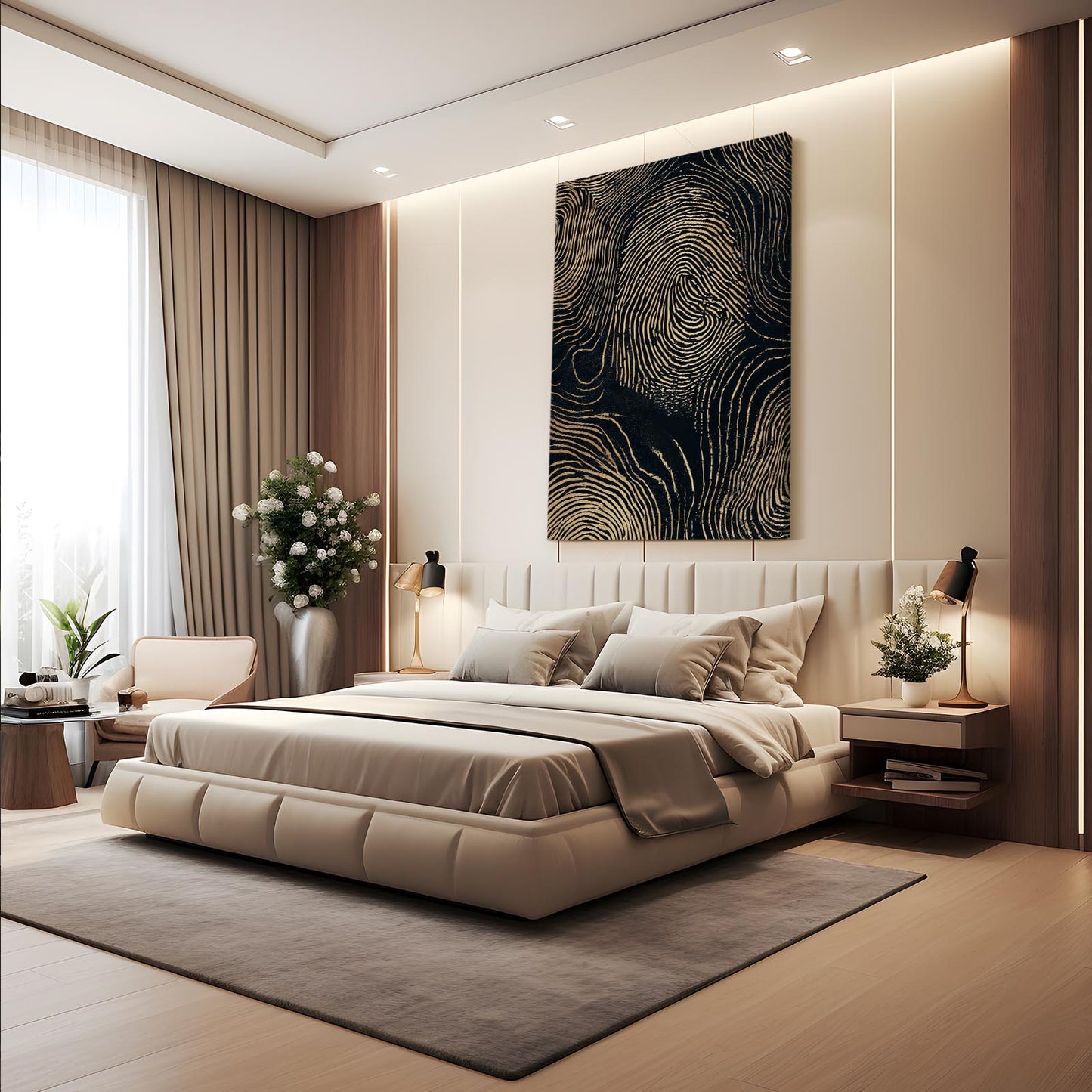 Gold Fingerprint Lines Canvas – styled in a furnished interior